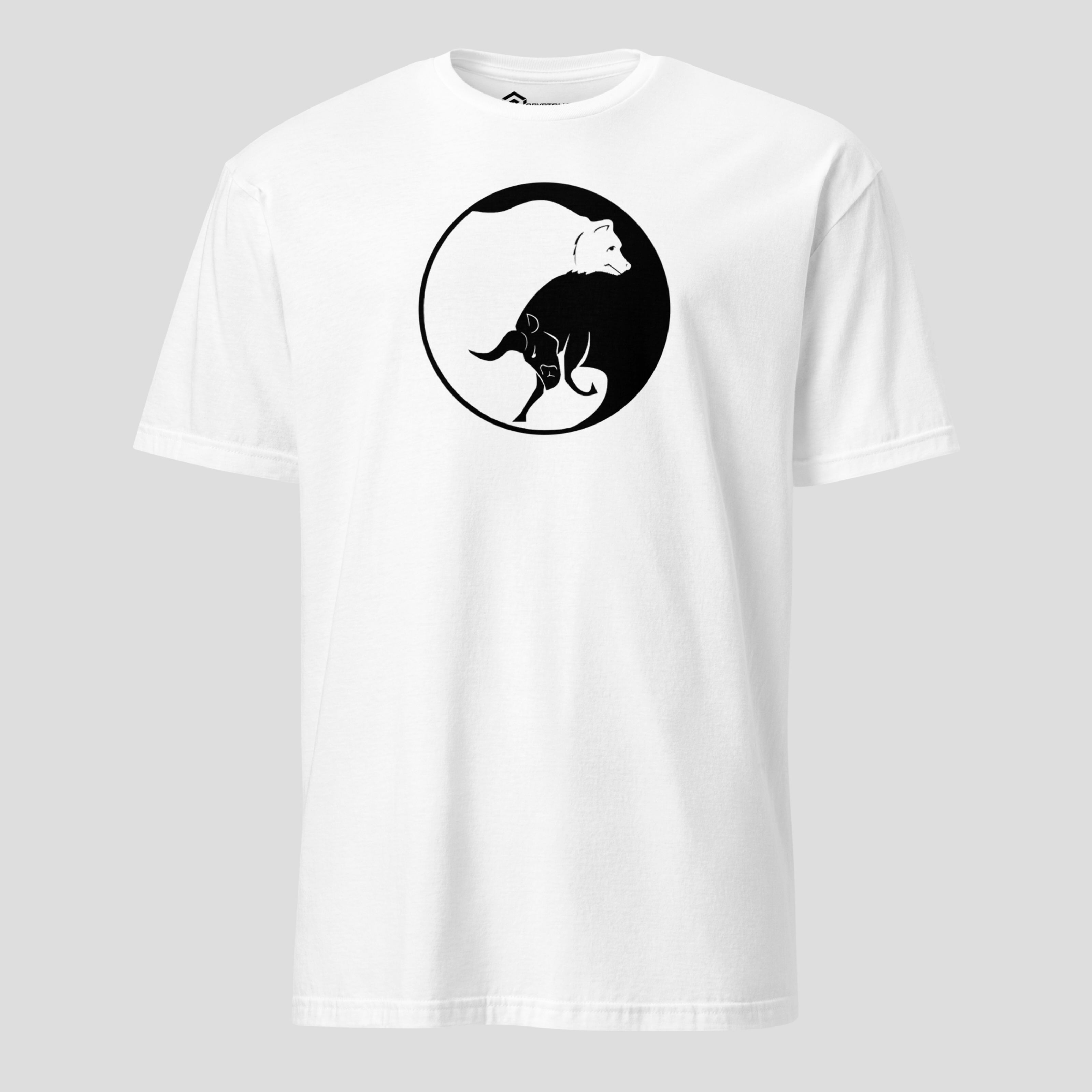 White bull vs bear crypto trading t-shirt featuring minimalist market cycle artwork