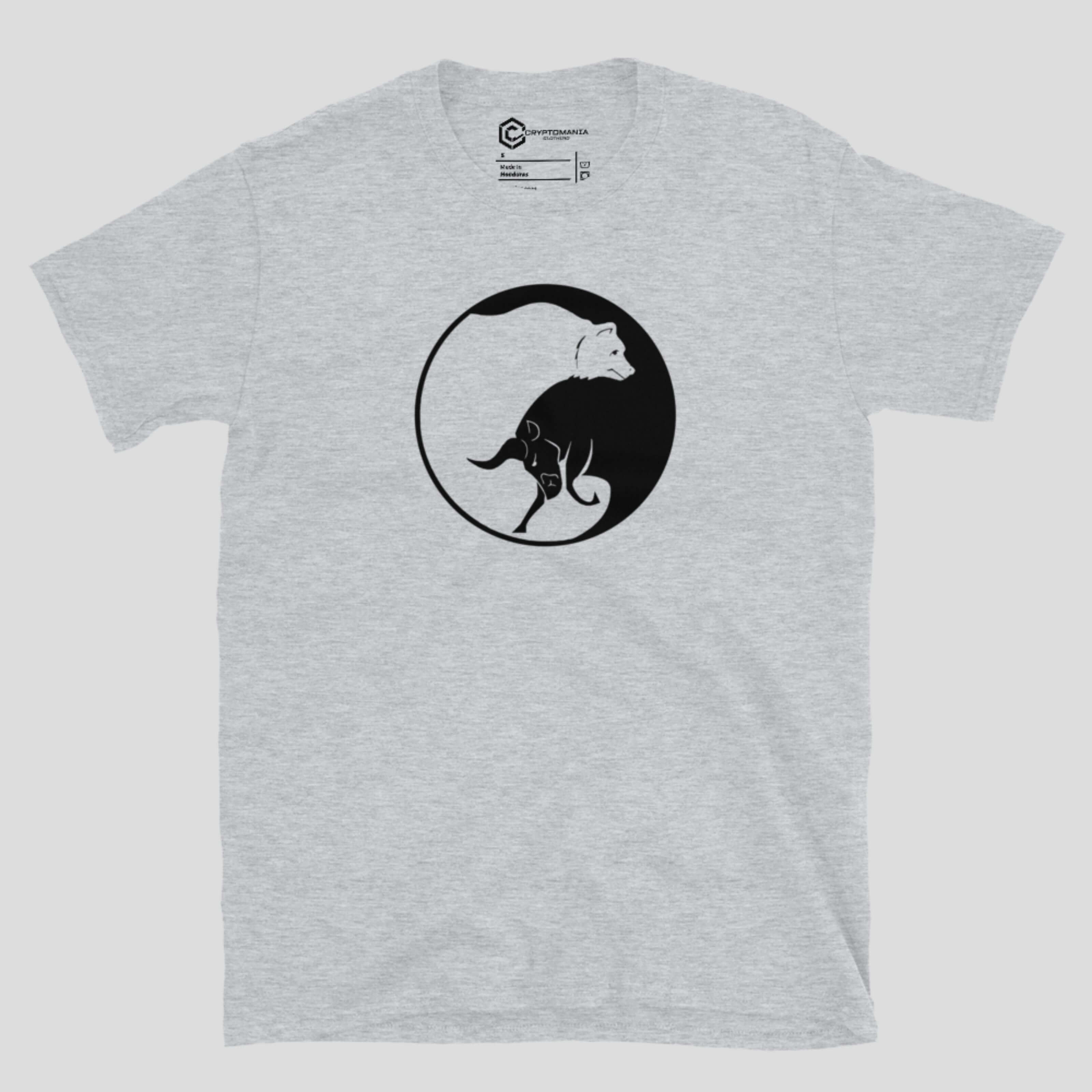 Grey bull and bear market t-shirt inspired by crypto trading cycles and price action
