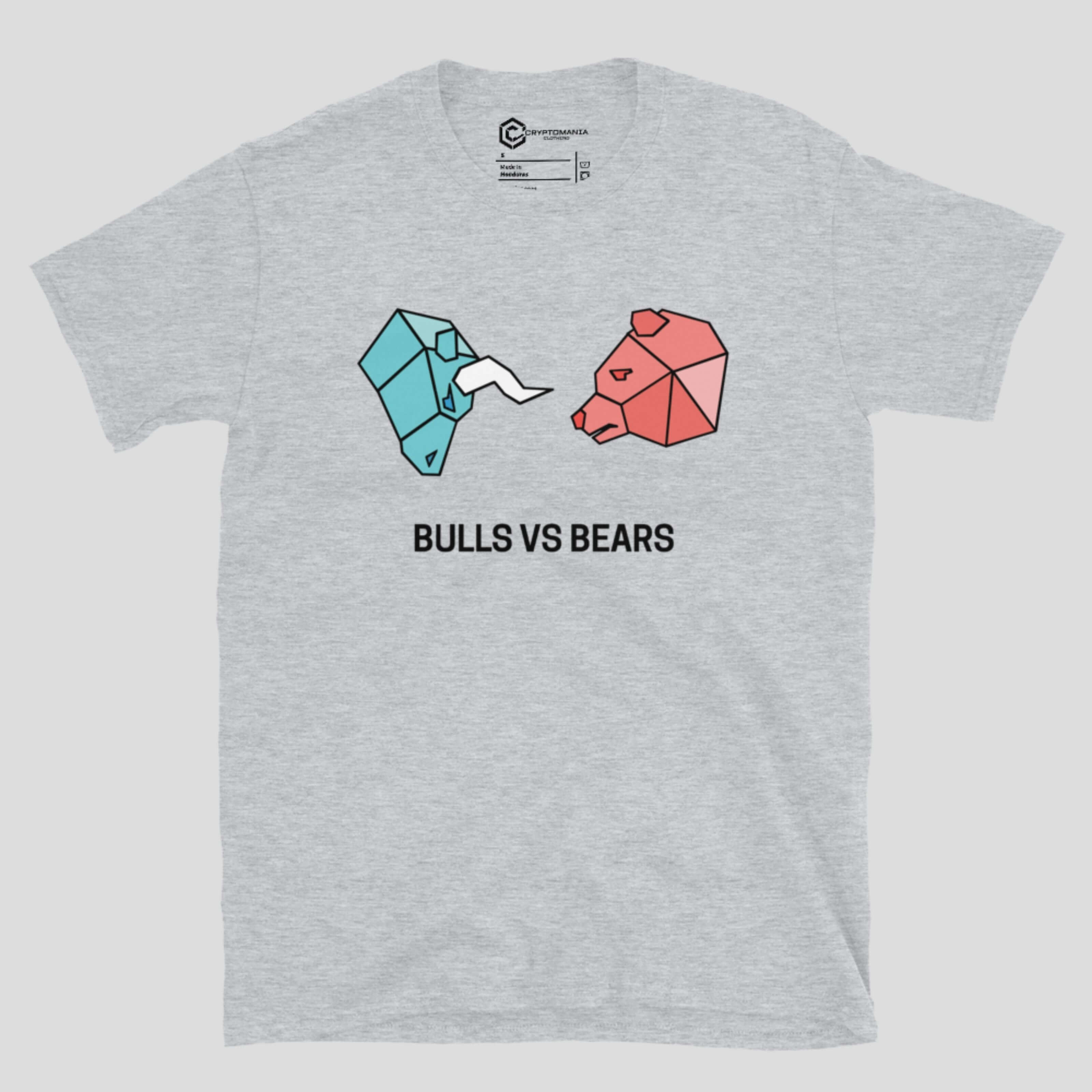 Crypto trading t-shirt showing bull and bear market symbols on the front