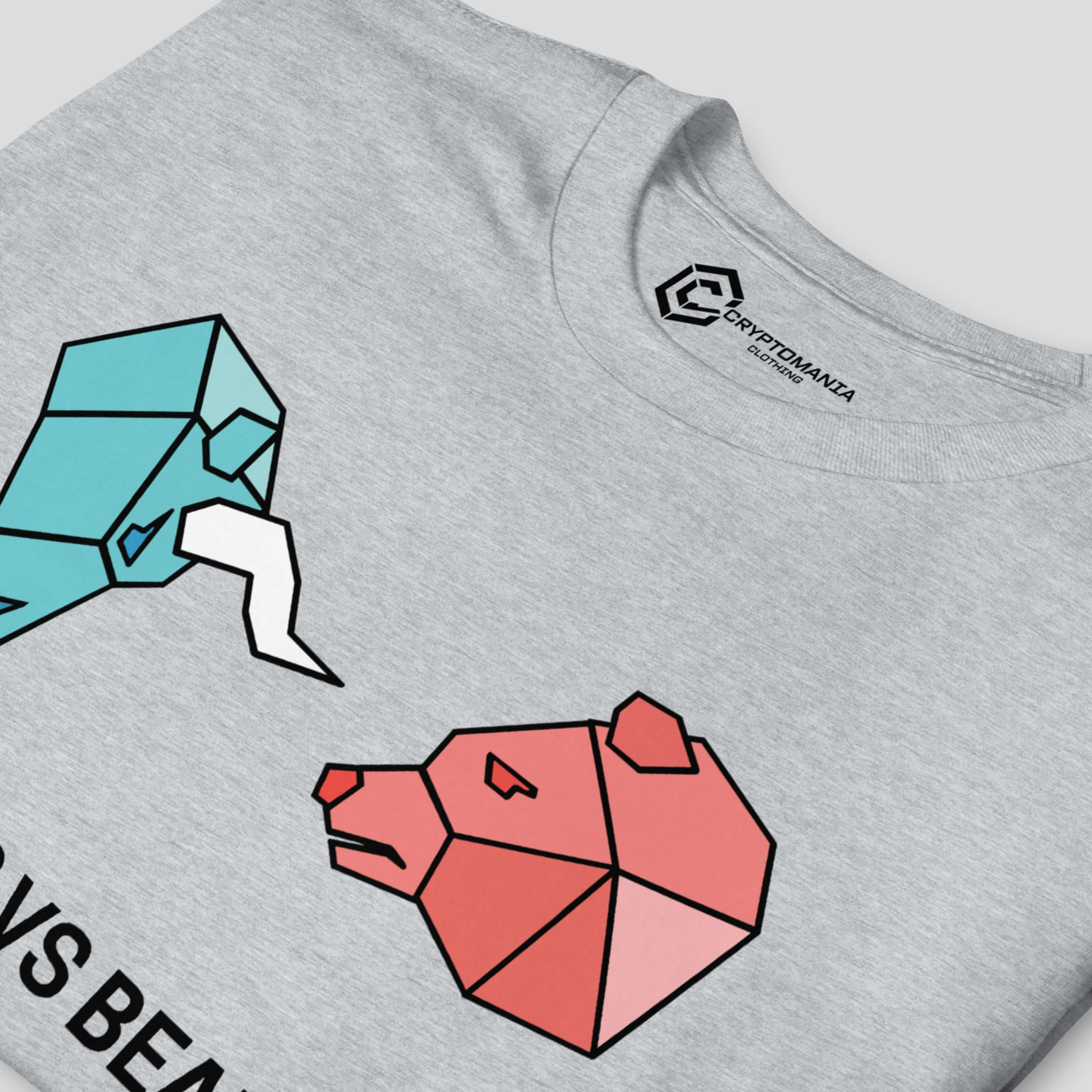 Close-up of geometric bull and bear illustration on crypto t-shirt