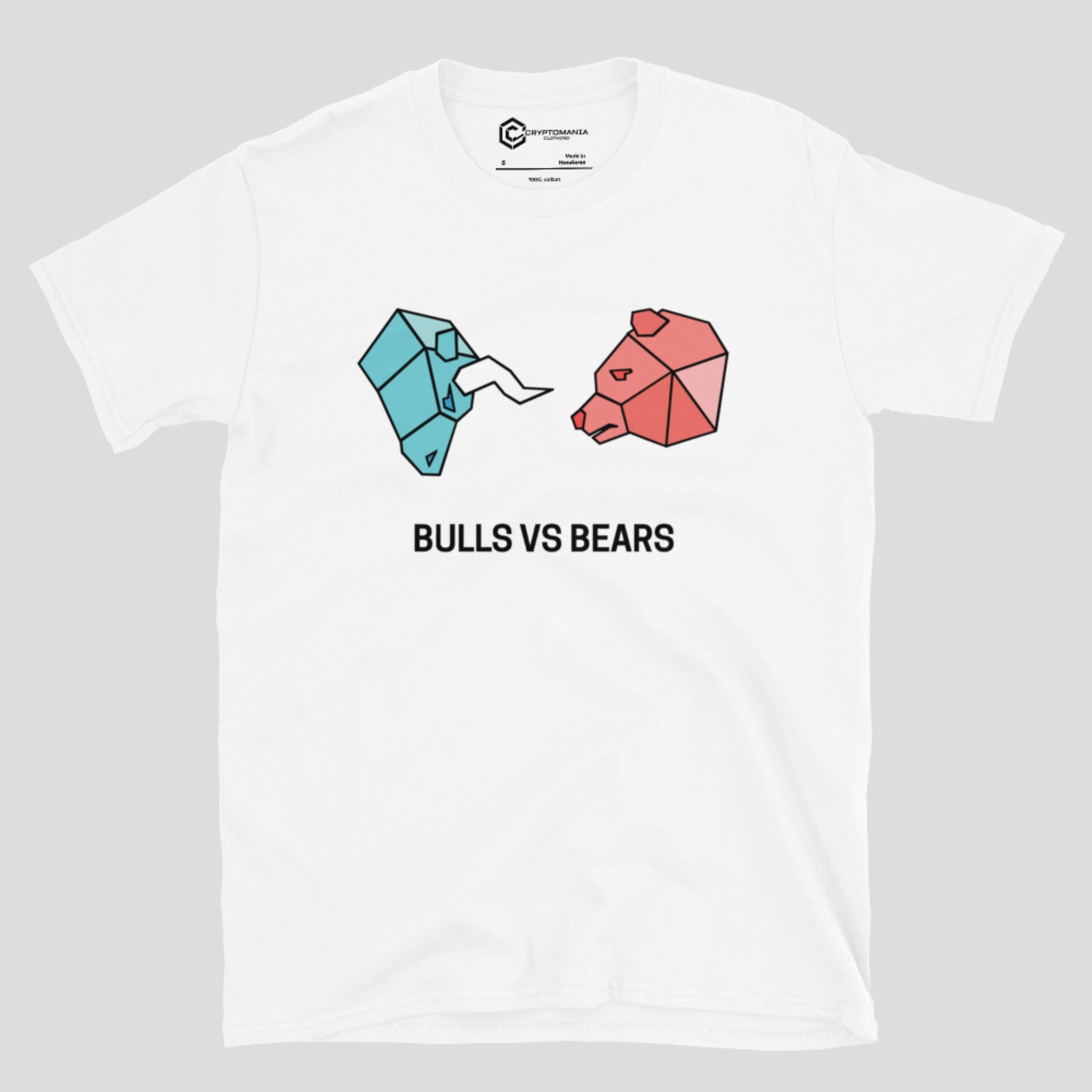Front view of white crypto t-shirt featuring bull and bear artwork