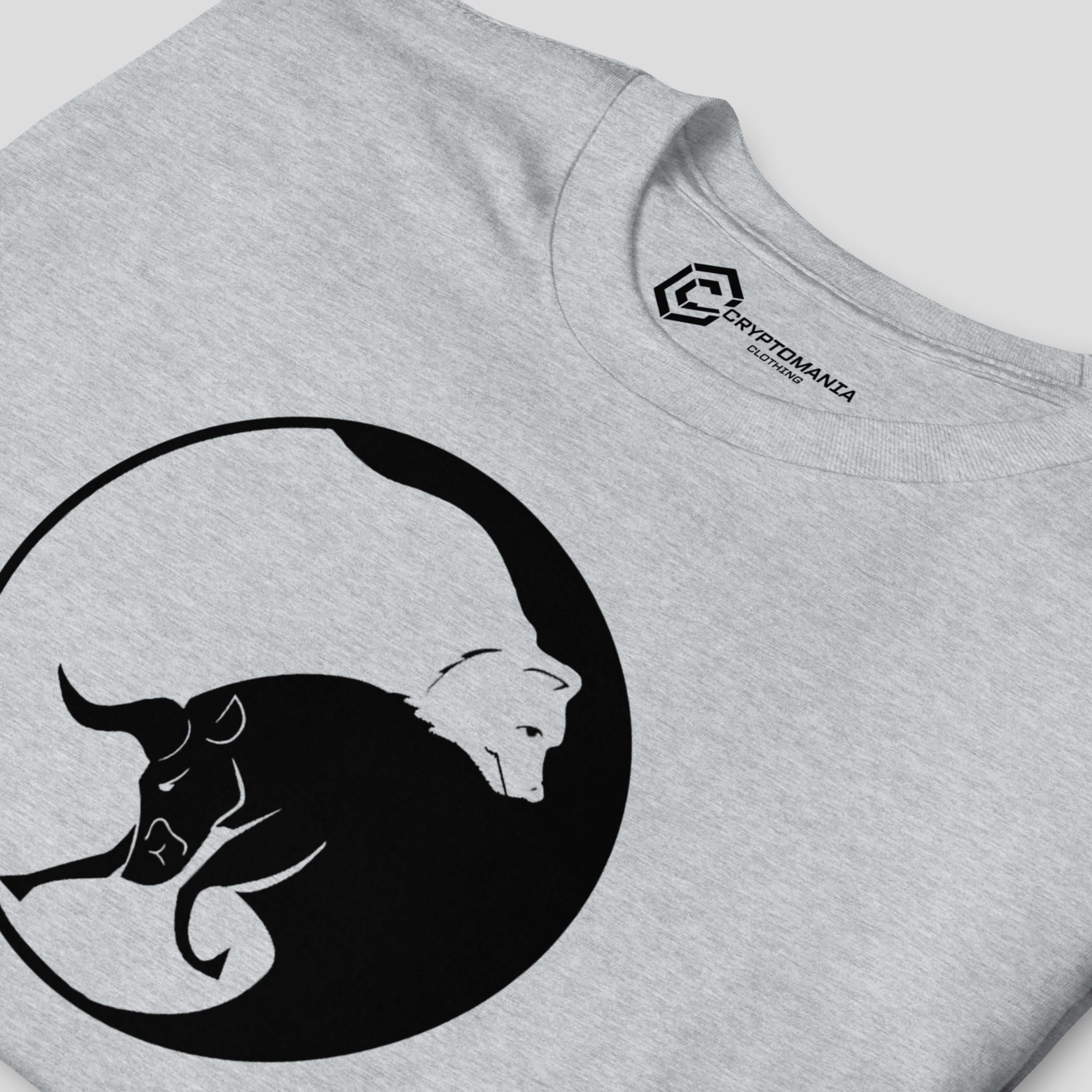 Close-up of bull and bear yin yang crypto market design printed on premium t-shirt