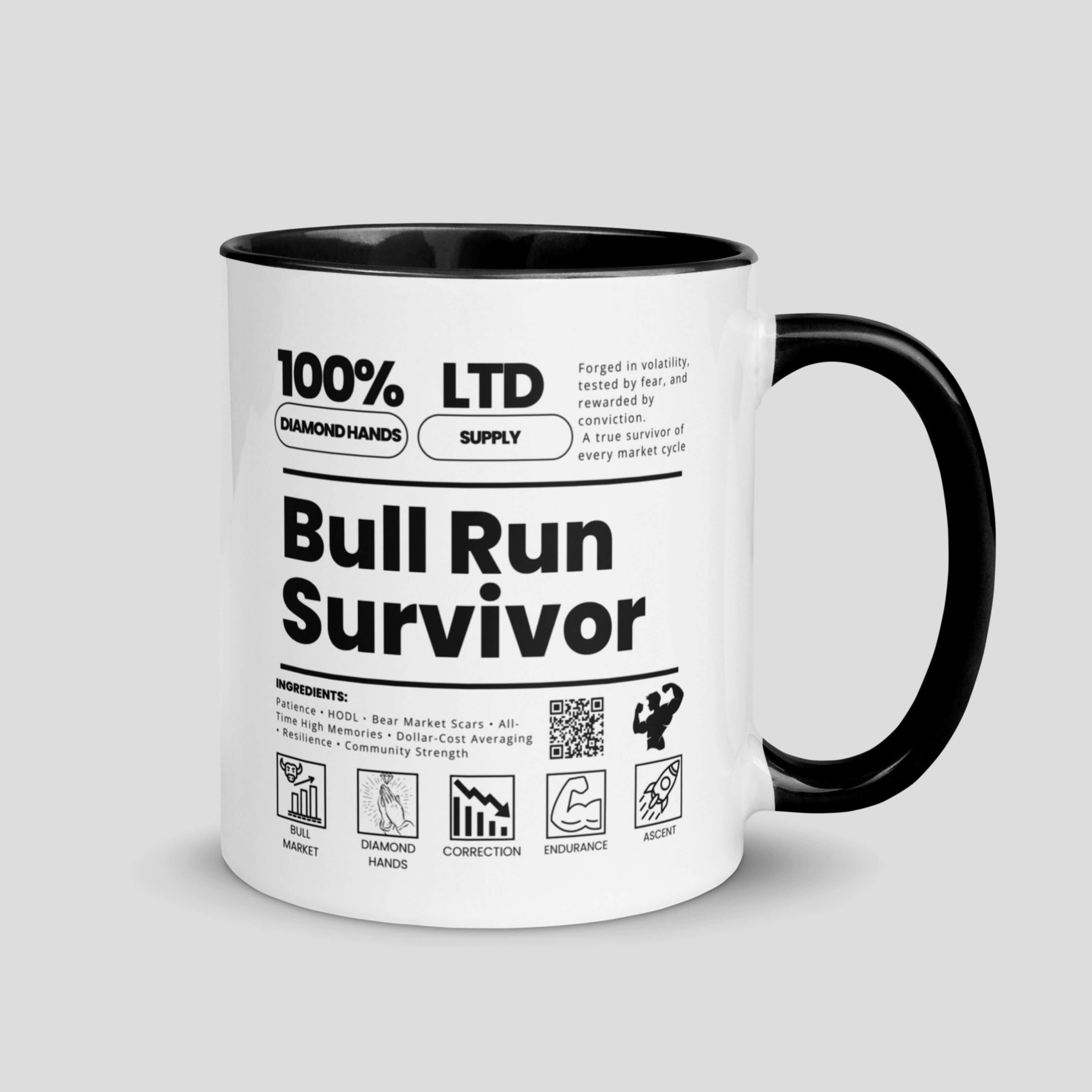White ceramic bull run survivor mug with bold crypto market cycle typography