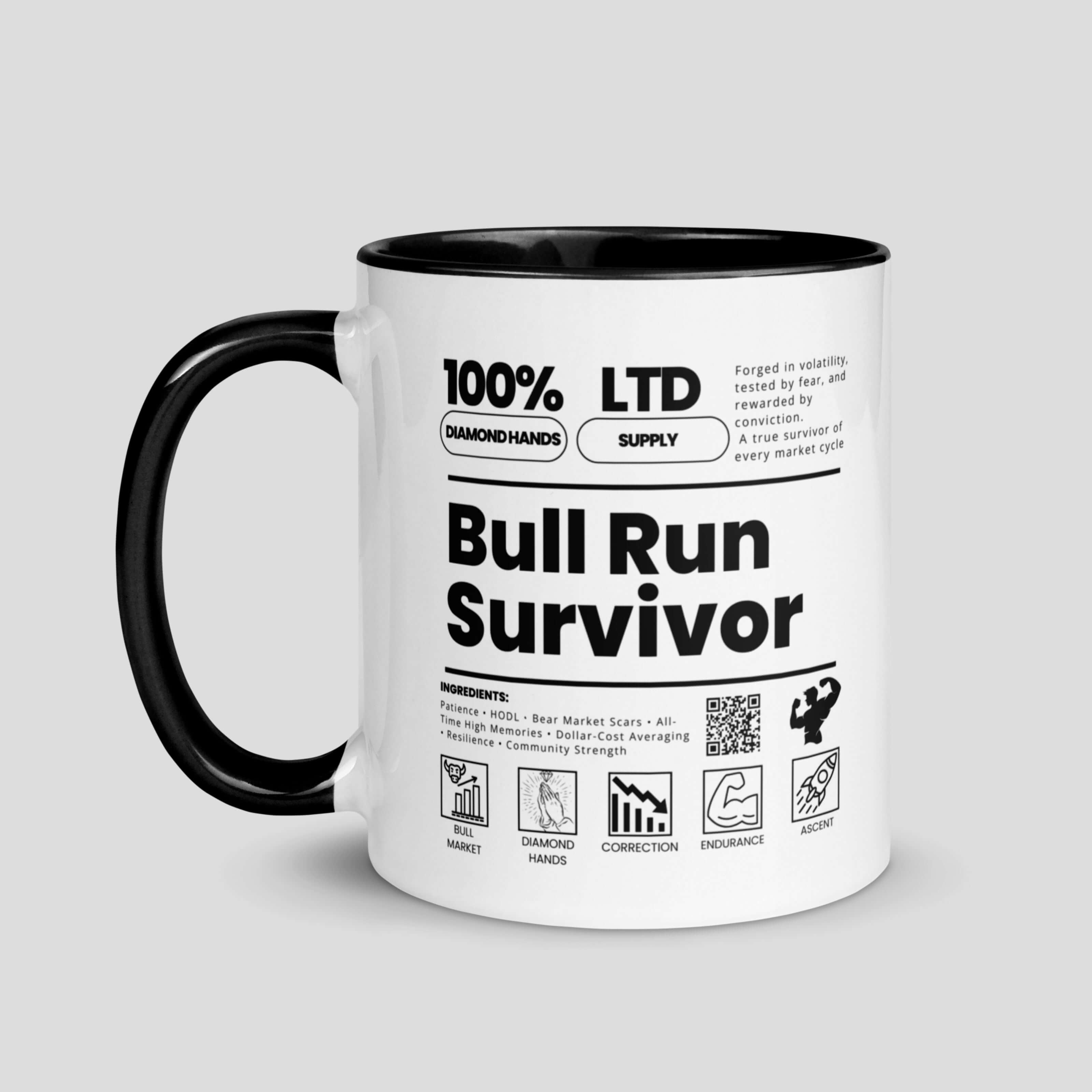 Bull run survivor crypto mug highlighting market resilience theme