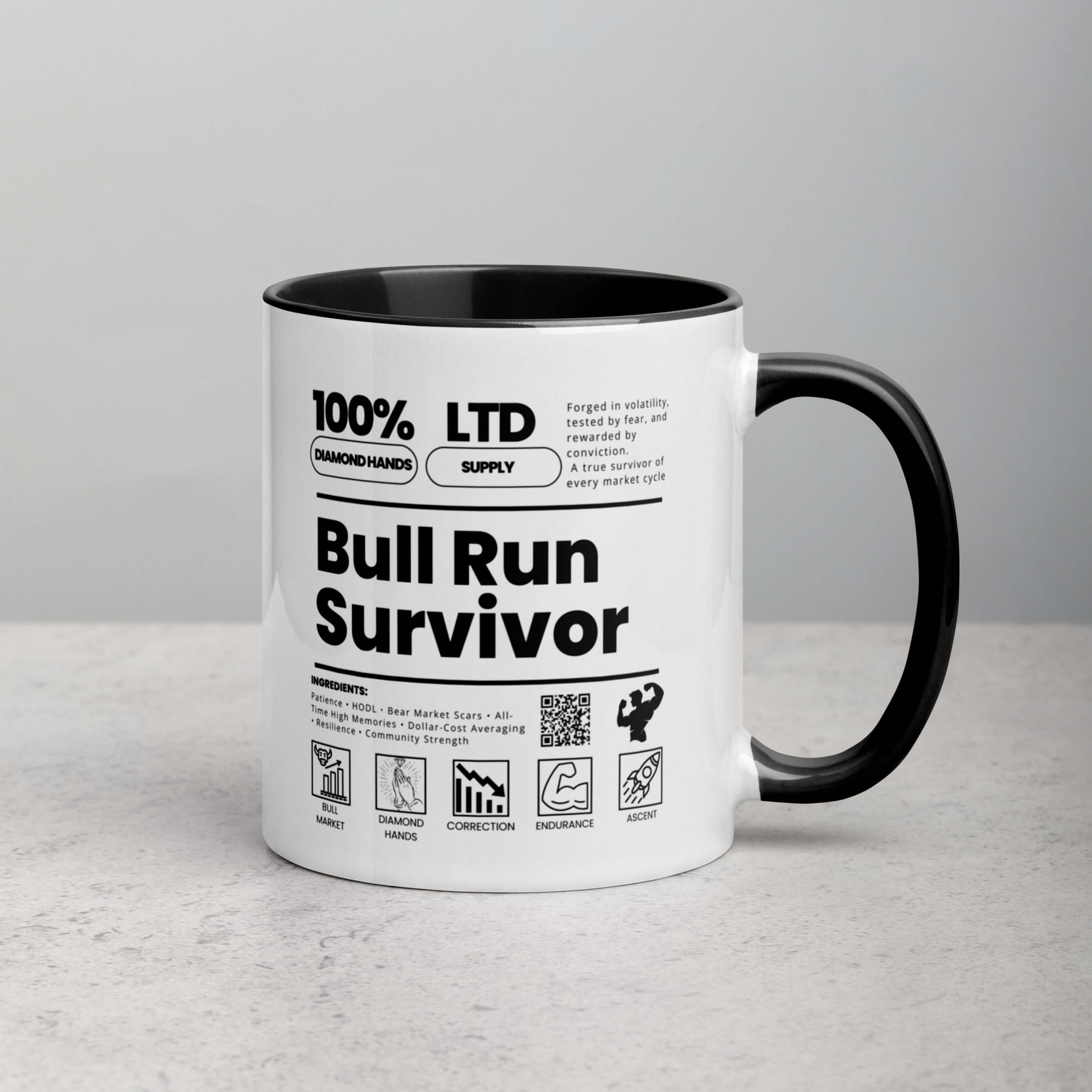 Side view of bull run survivor coffee mug showing infographic-style design