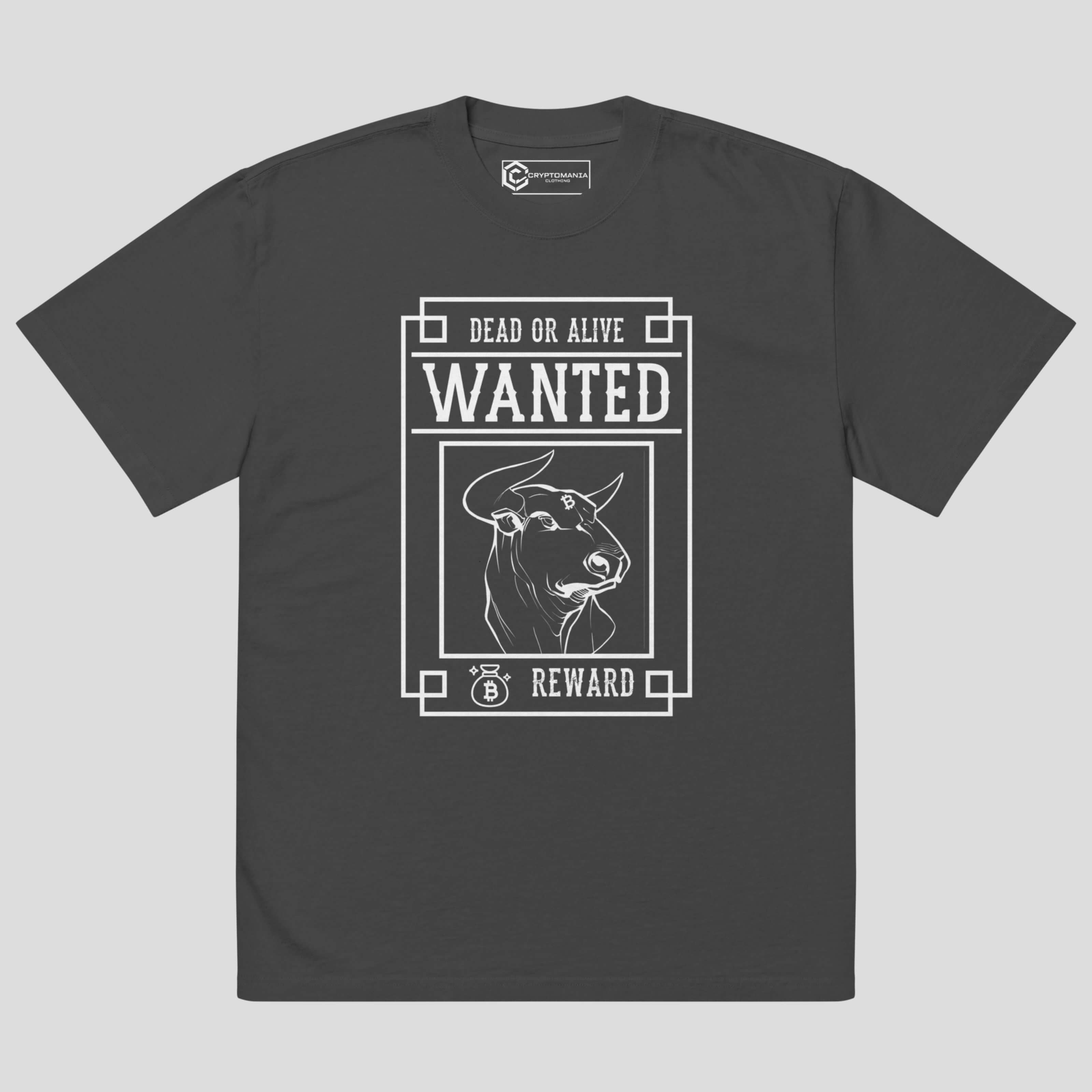 Bull run wanted artwork printed on oversized heavyweight crypto t-shirt