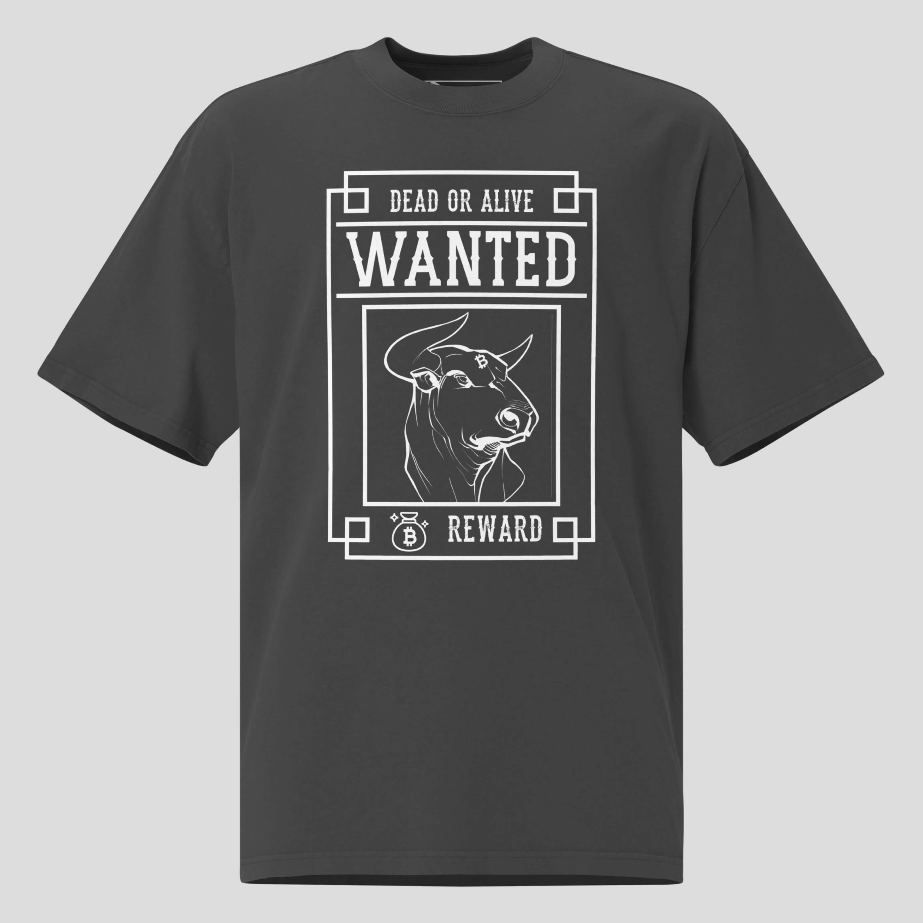 Gray oversized heavyweight crypto t-shirt with bull run wanted graphic design