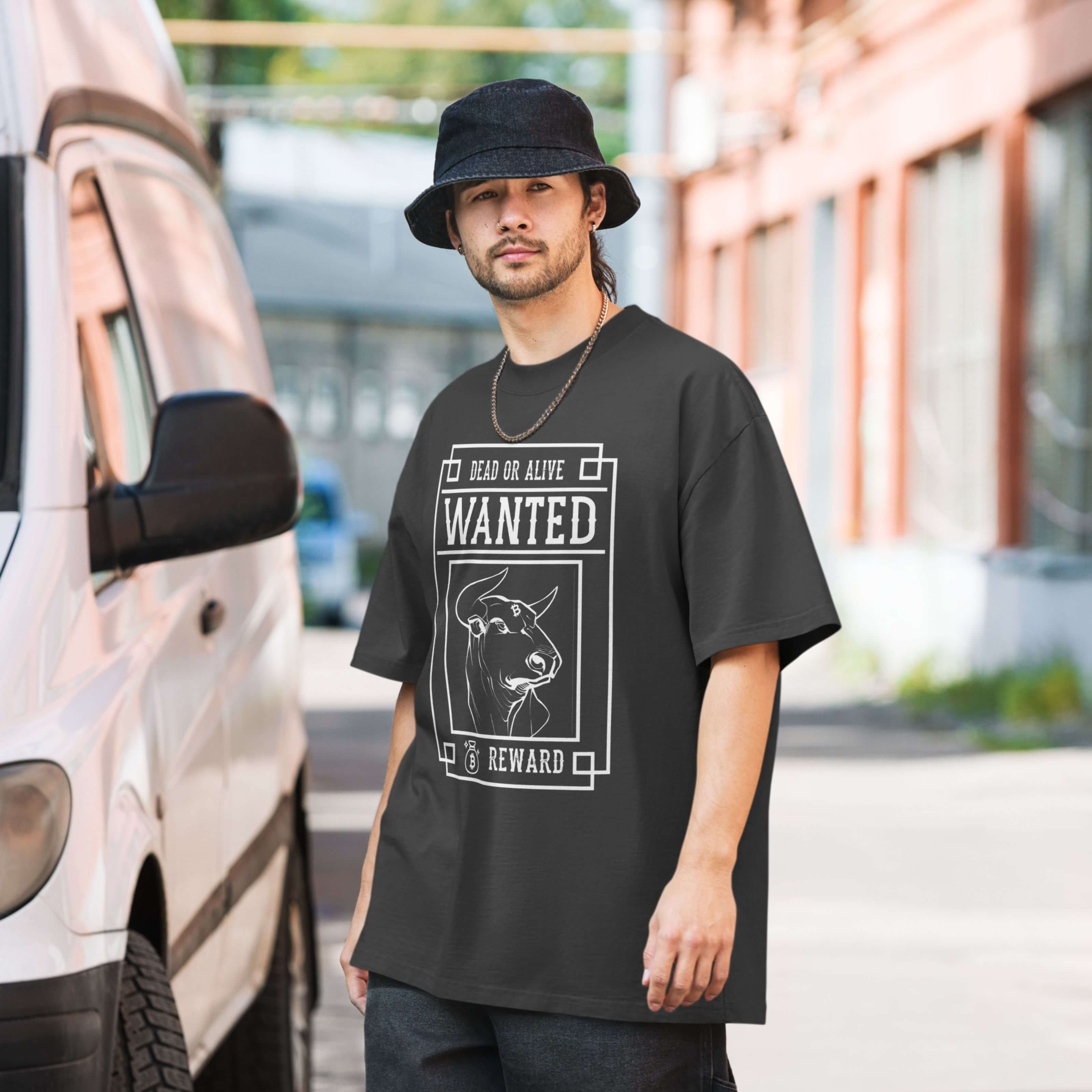 Male model wearing oversized crypto t-shirt inspired by bull run momentum