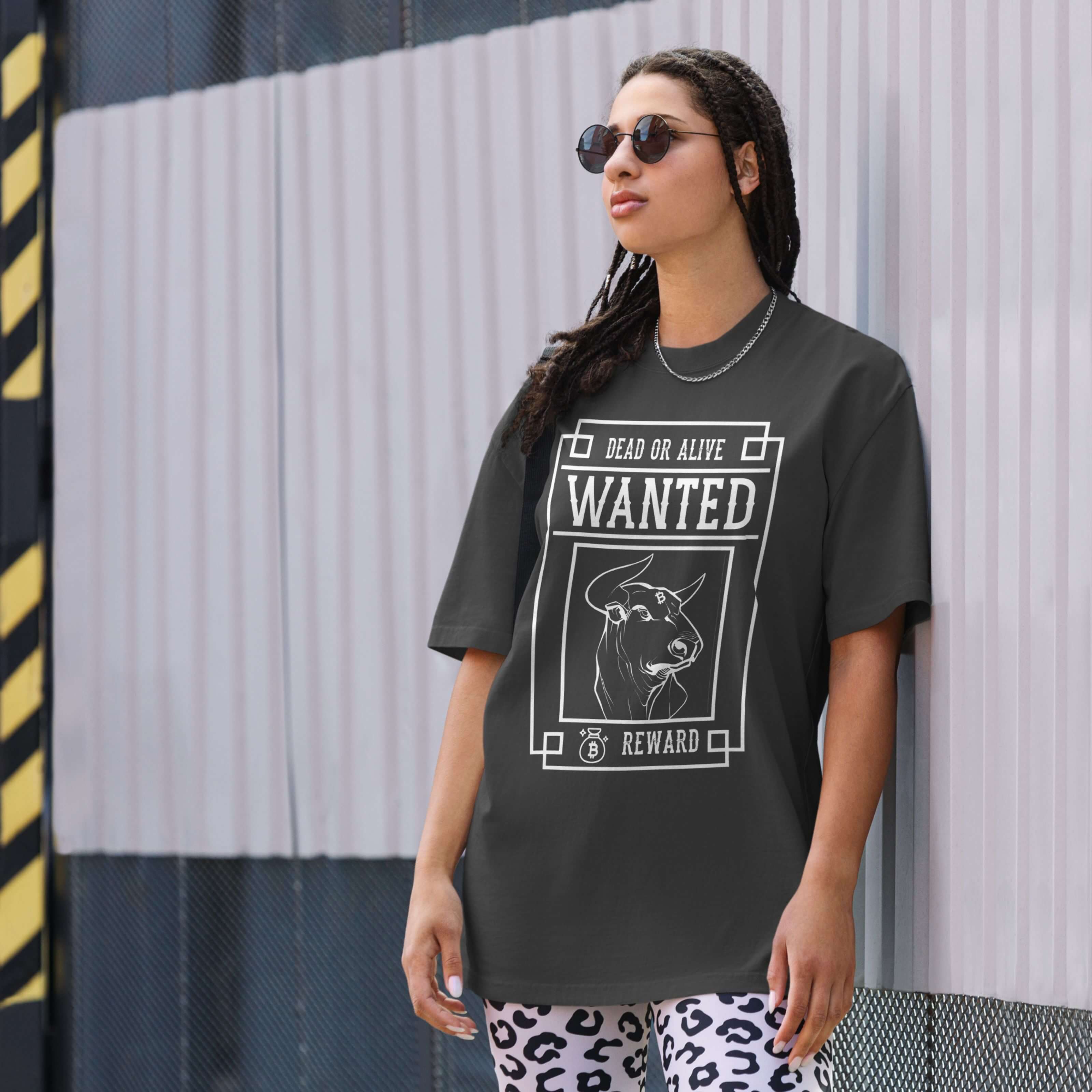 Female model wearing oversized heavyweight crypto t-shirt with bull run theme