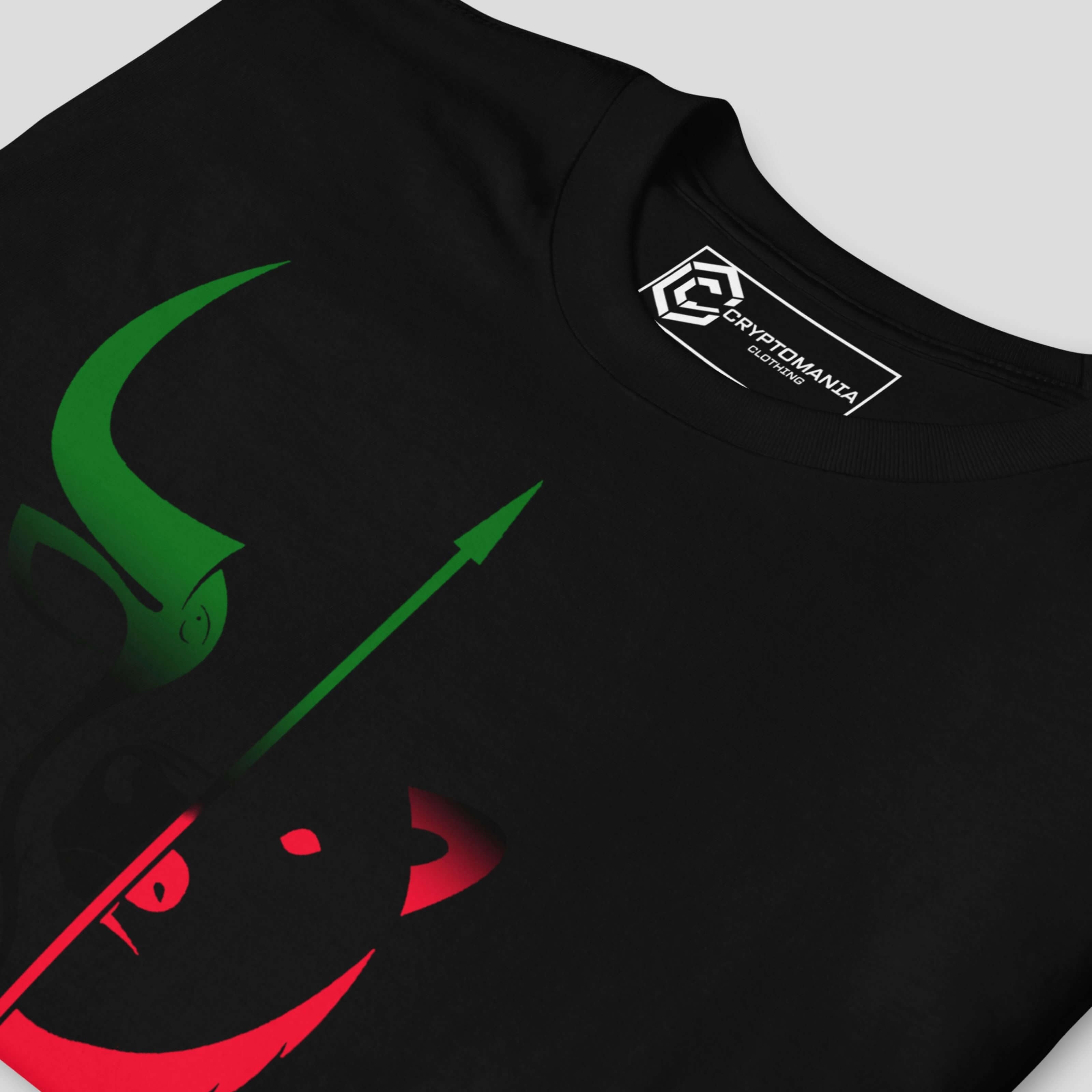 Close-up detail of bull and bear symbol on black crypto t-shirt inspired by market volatility