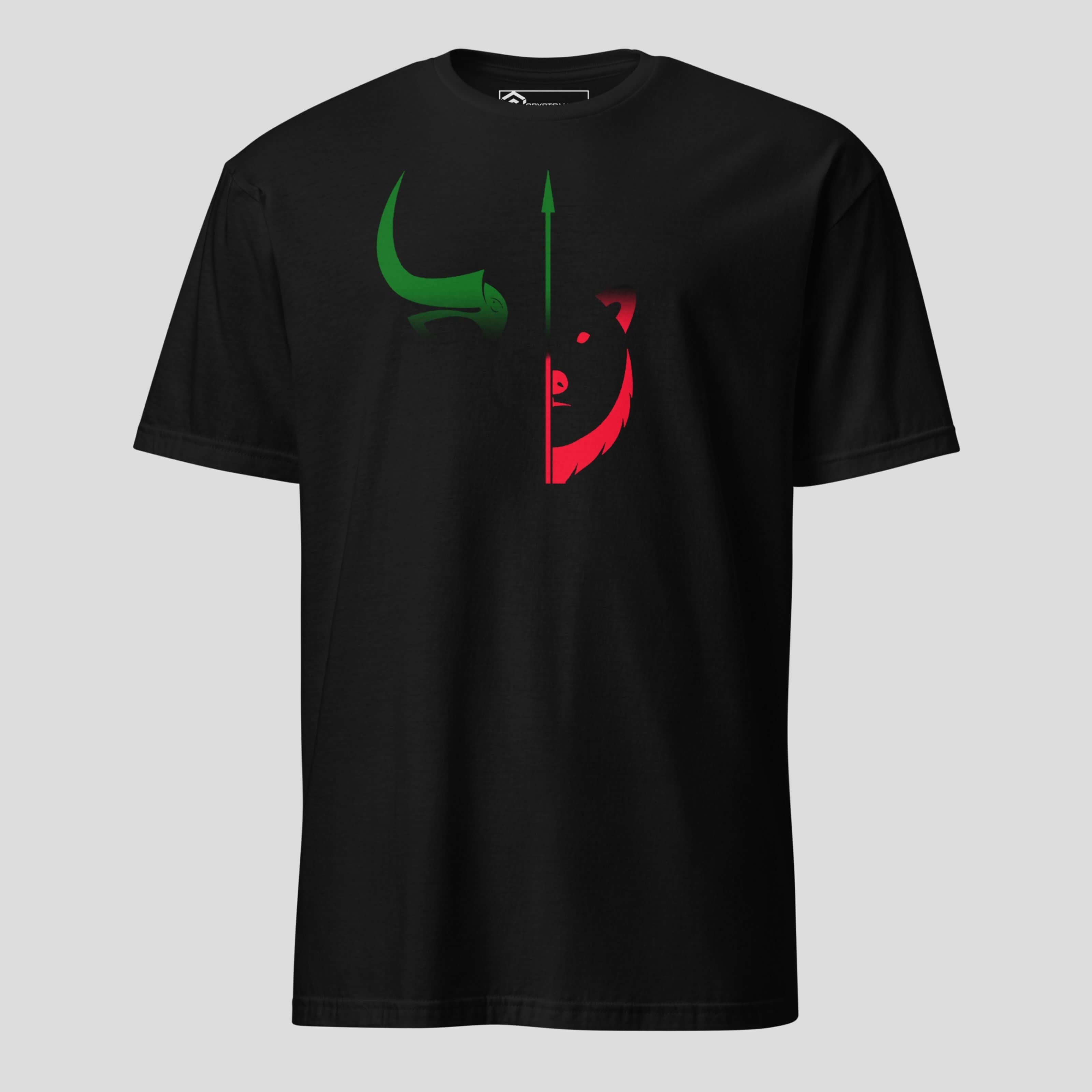 Black bull vs bear crypto t-shirt featuring a minimalist market cycle design symbolizing bullish and bearish trading phases