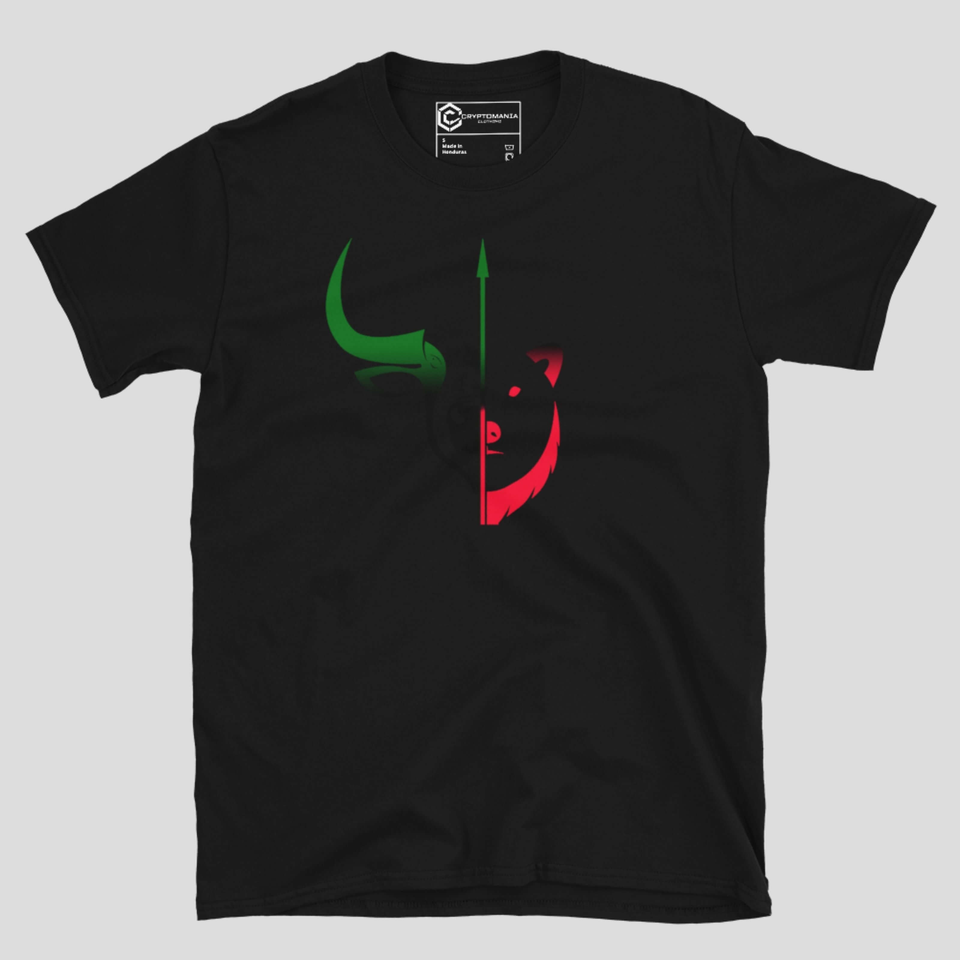 Alternate front view of black bull vs bear crypto t-shirt with minimalist bullish and bearish market symbol design