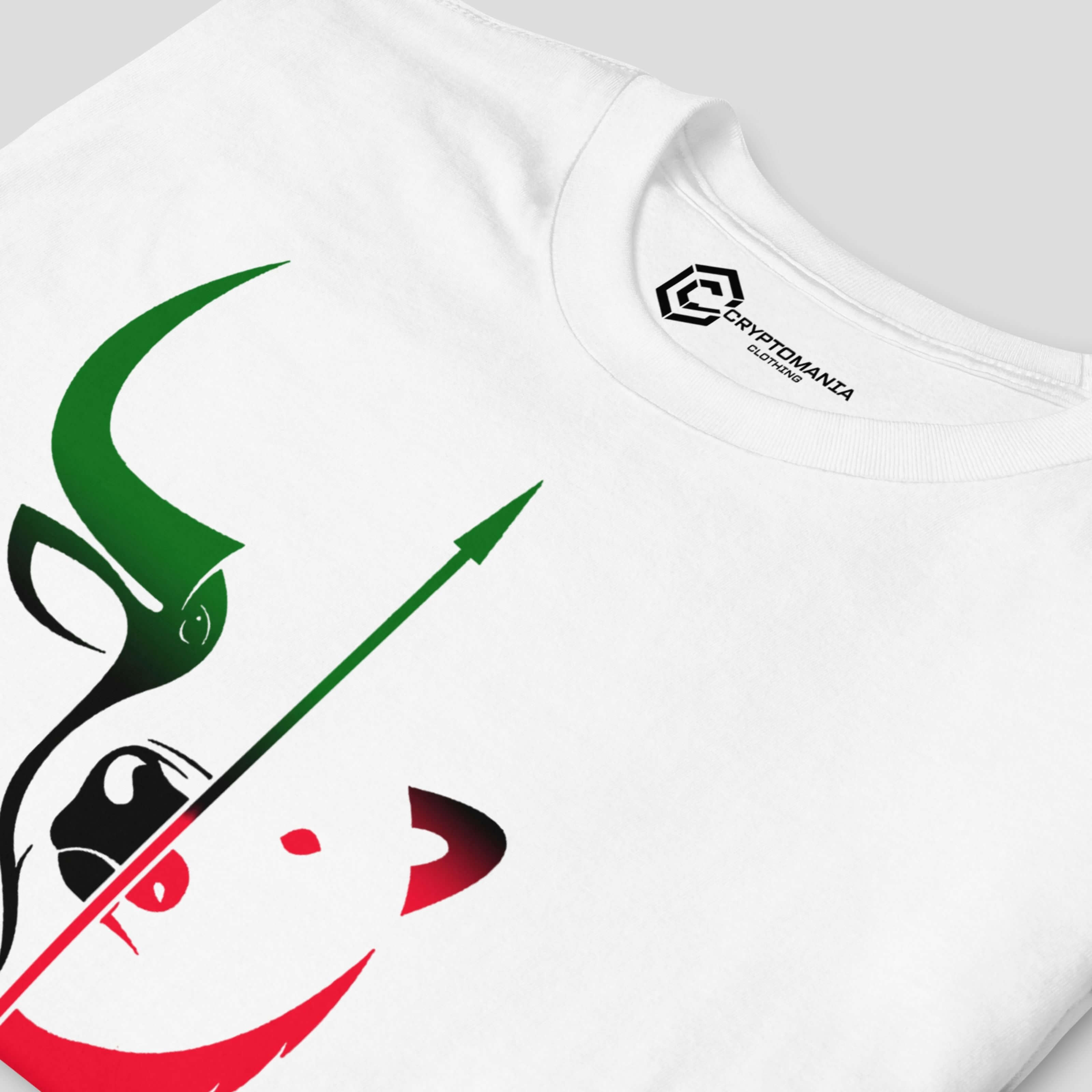 Close-up of bull and bear symbol on white crypto t-shirt representing market volatility and trading psychology