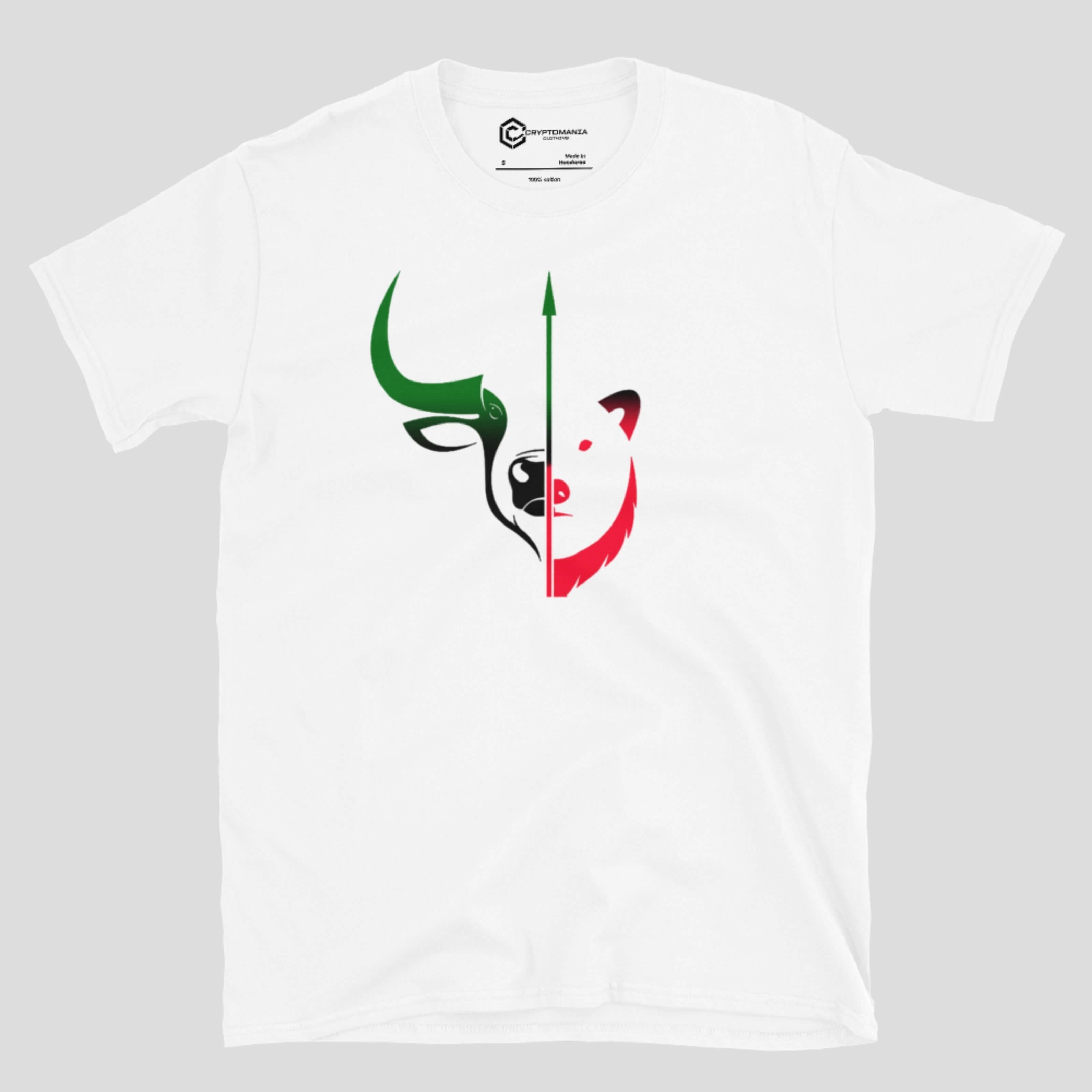 Alternate front view of white bull vs bear crypto t-shirt with bullish and bearish market symbol design