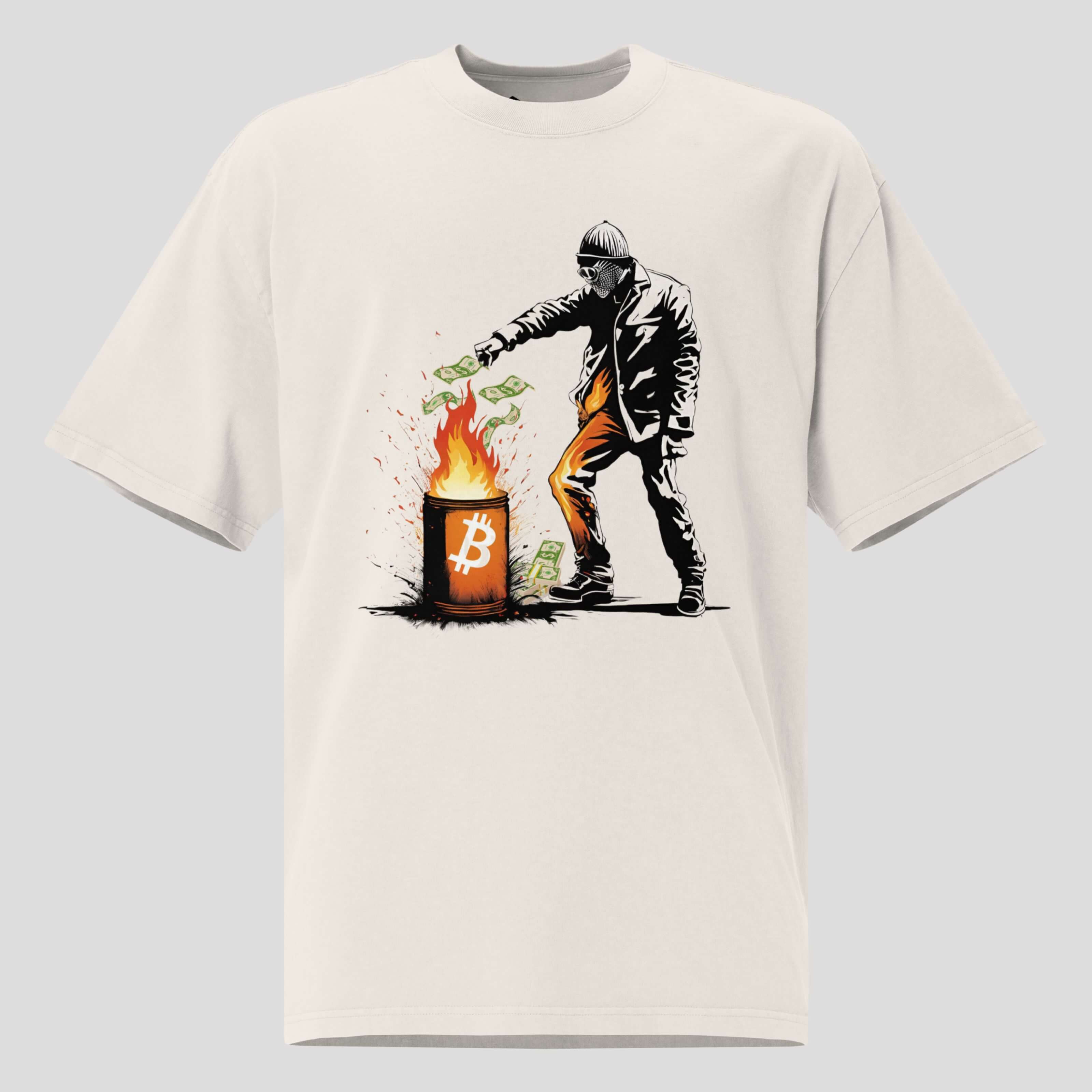 Oversized crypto t-shirt showing man throwing cash in flaming Bitcoin barrel illustration