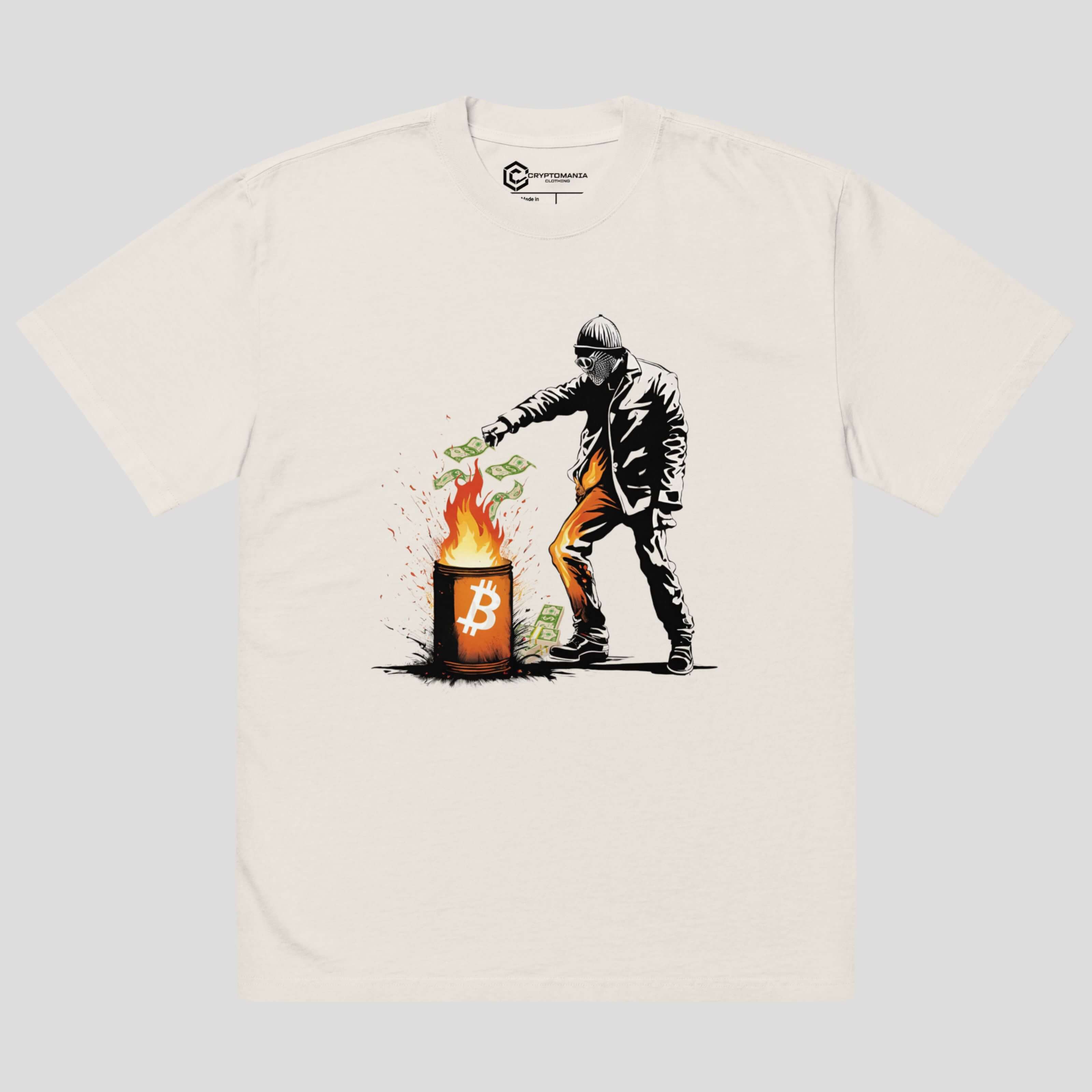 Front view of oversized Bitcoin-inspired t-shirt with burning money artwork
