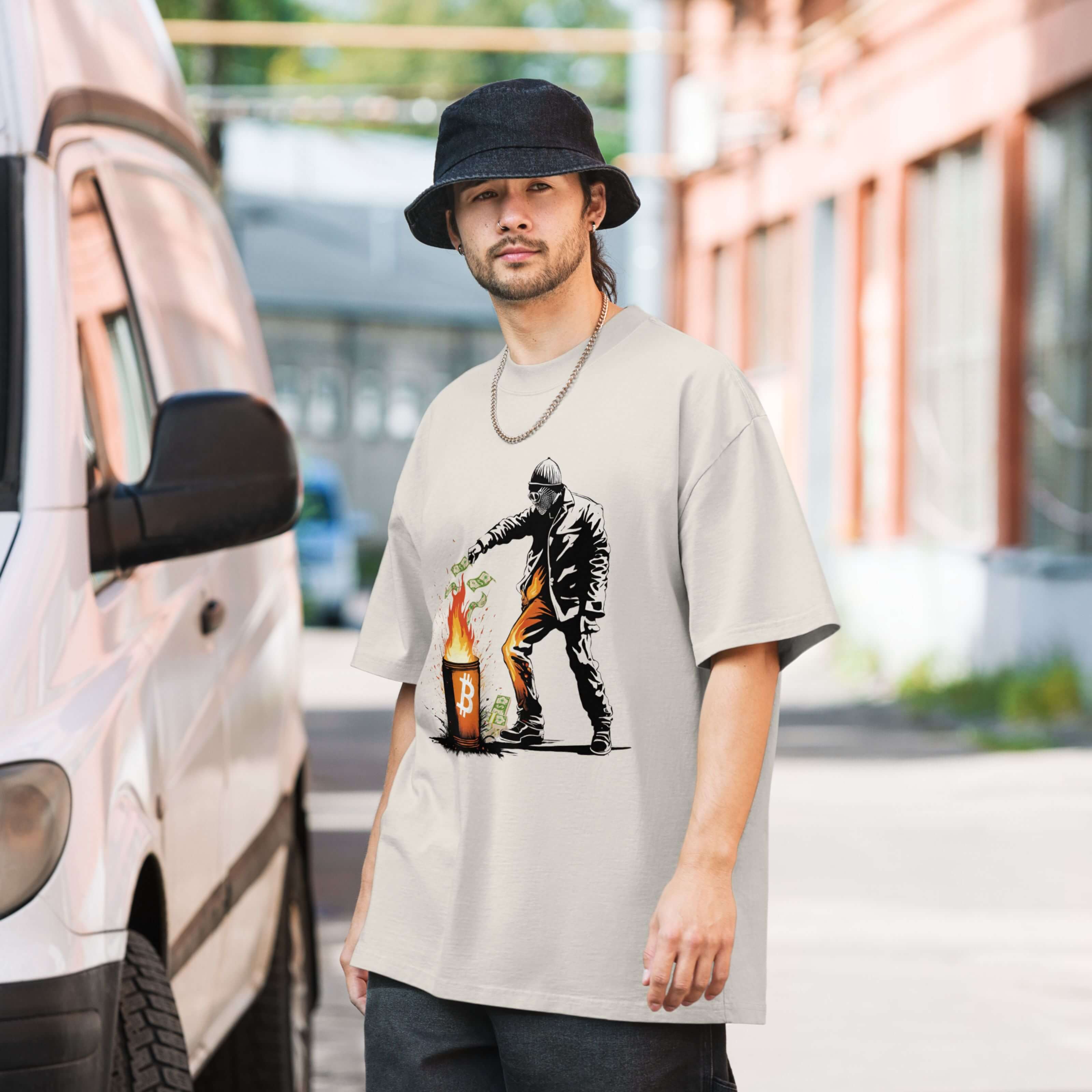 Model wearing oversized crypto t-shirt featuring cash and Bitcoin barrel design