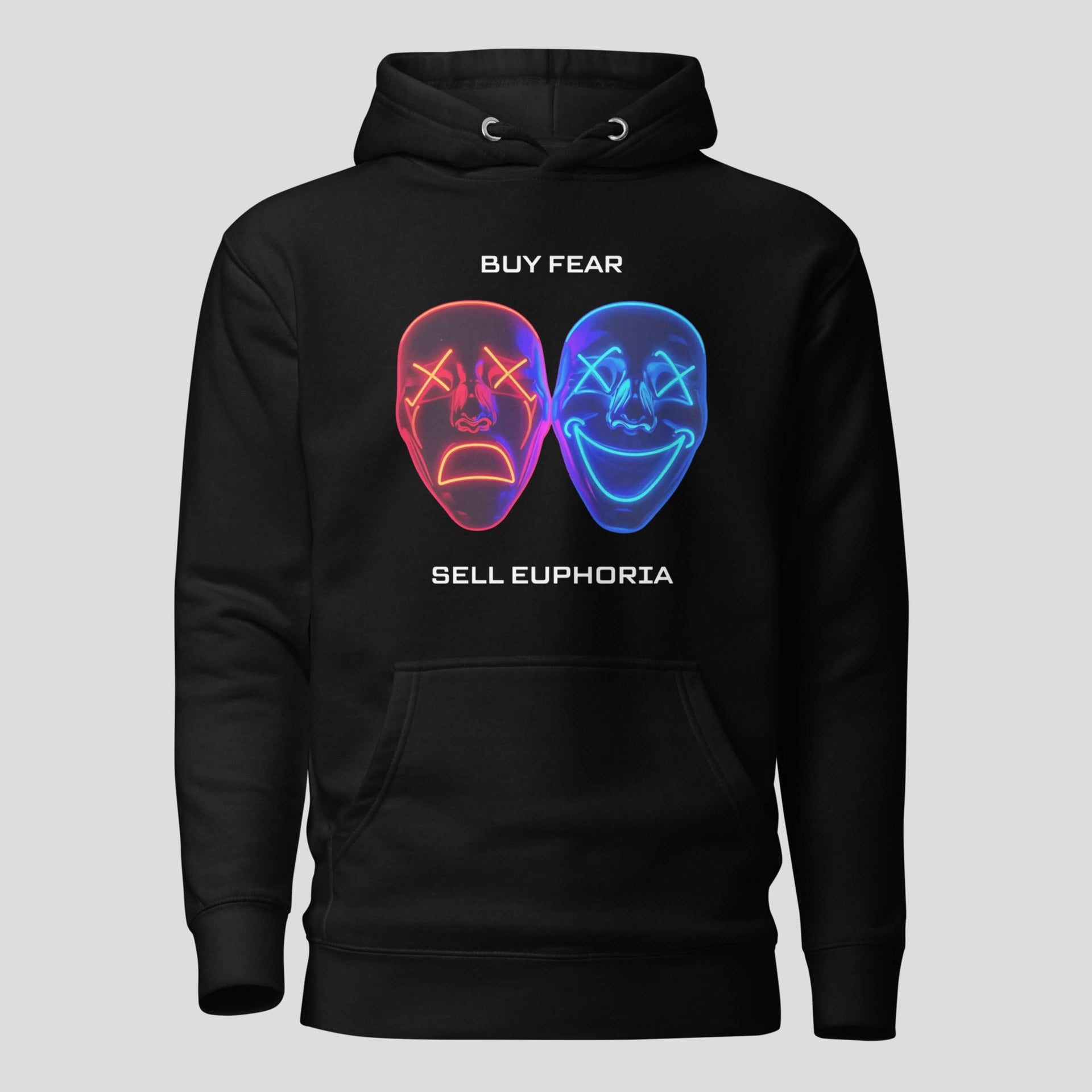 Black buy fear sell euphoria hoodie with crypto trading psychology design