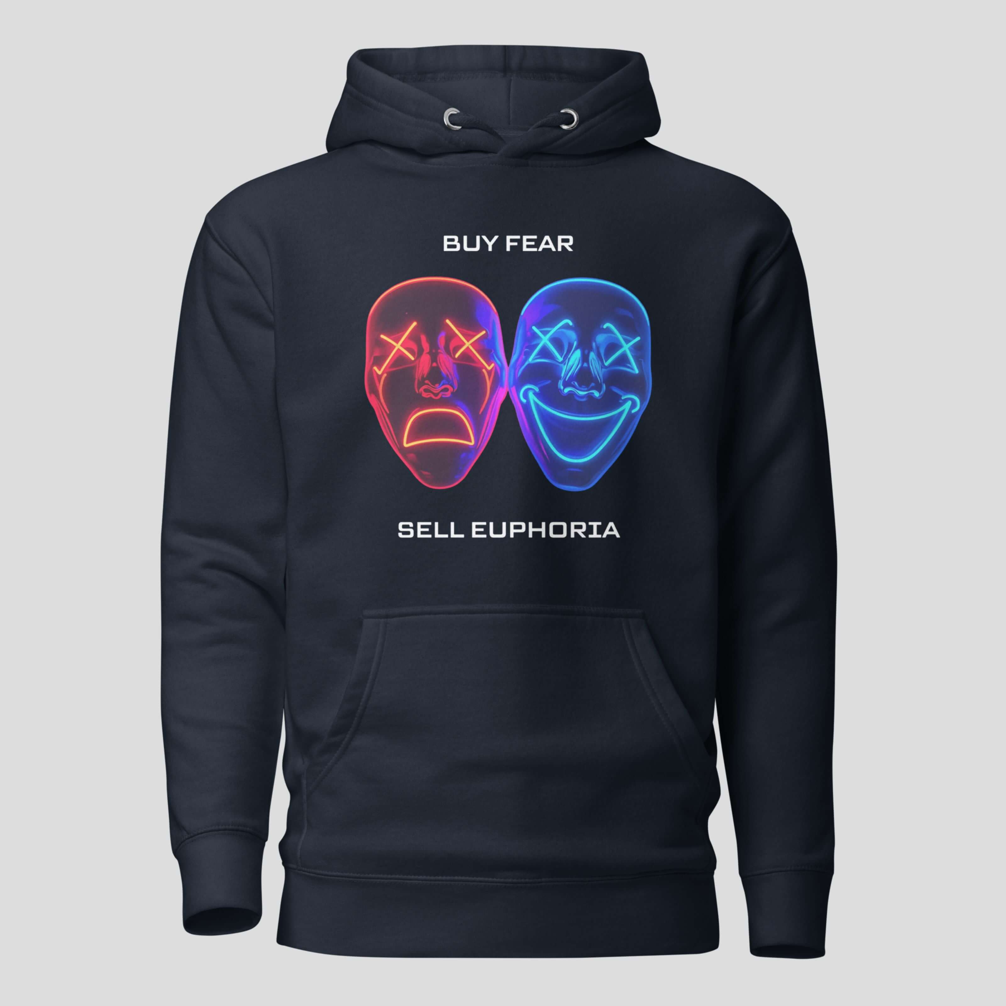 Navy crypto hoodie featuring buy fear sell euphoria market sentiment artwork