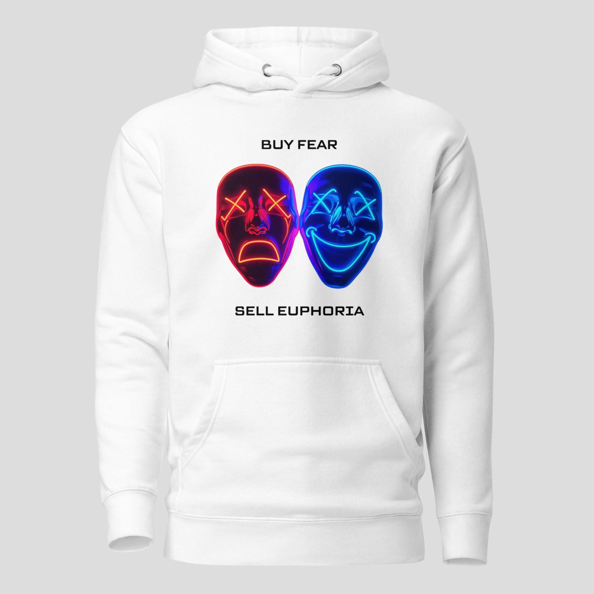 White buy fear sell euphoria hoodie with crypto trading psychology design