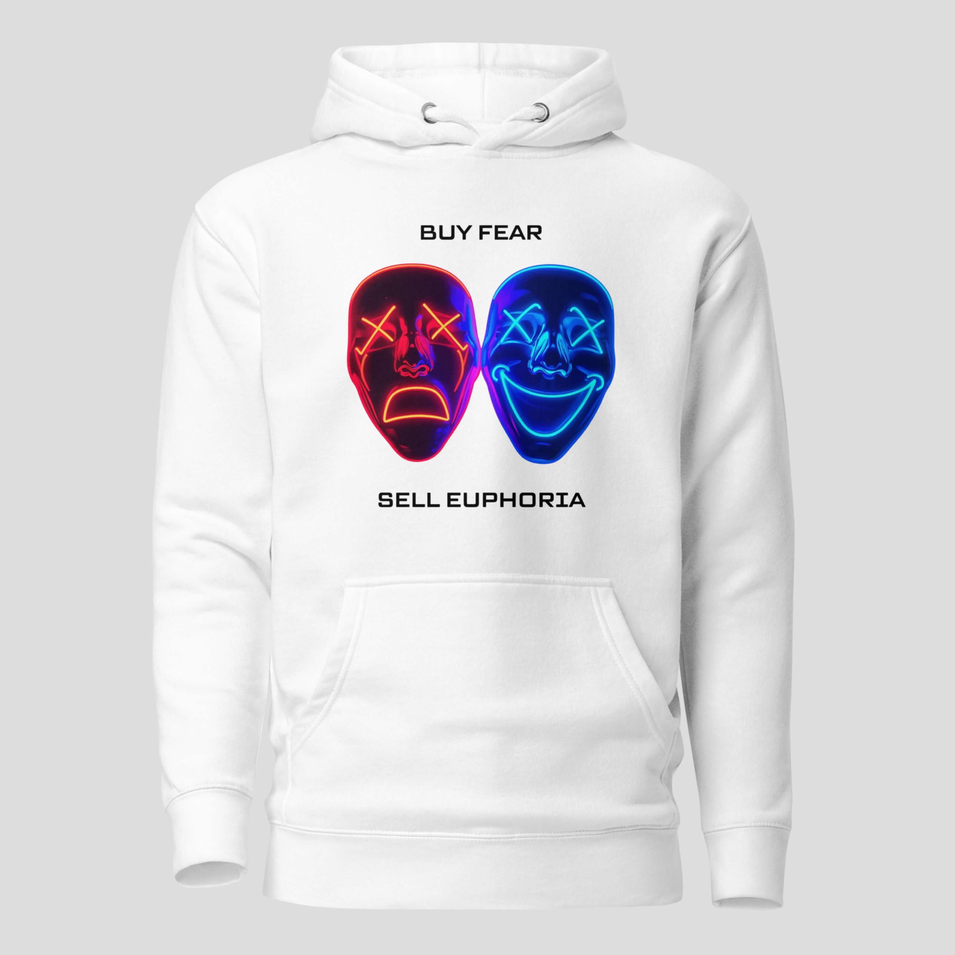 White buy fear sell euphoria hoodie with crypto trading psychology design