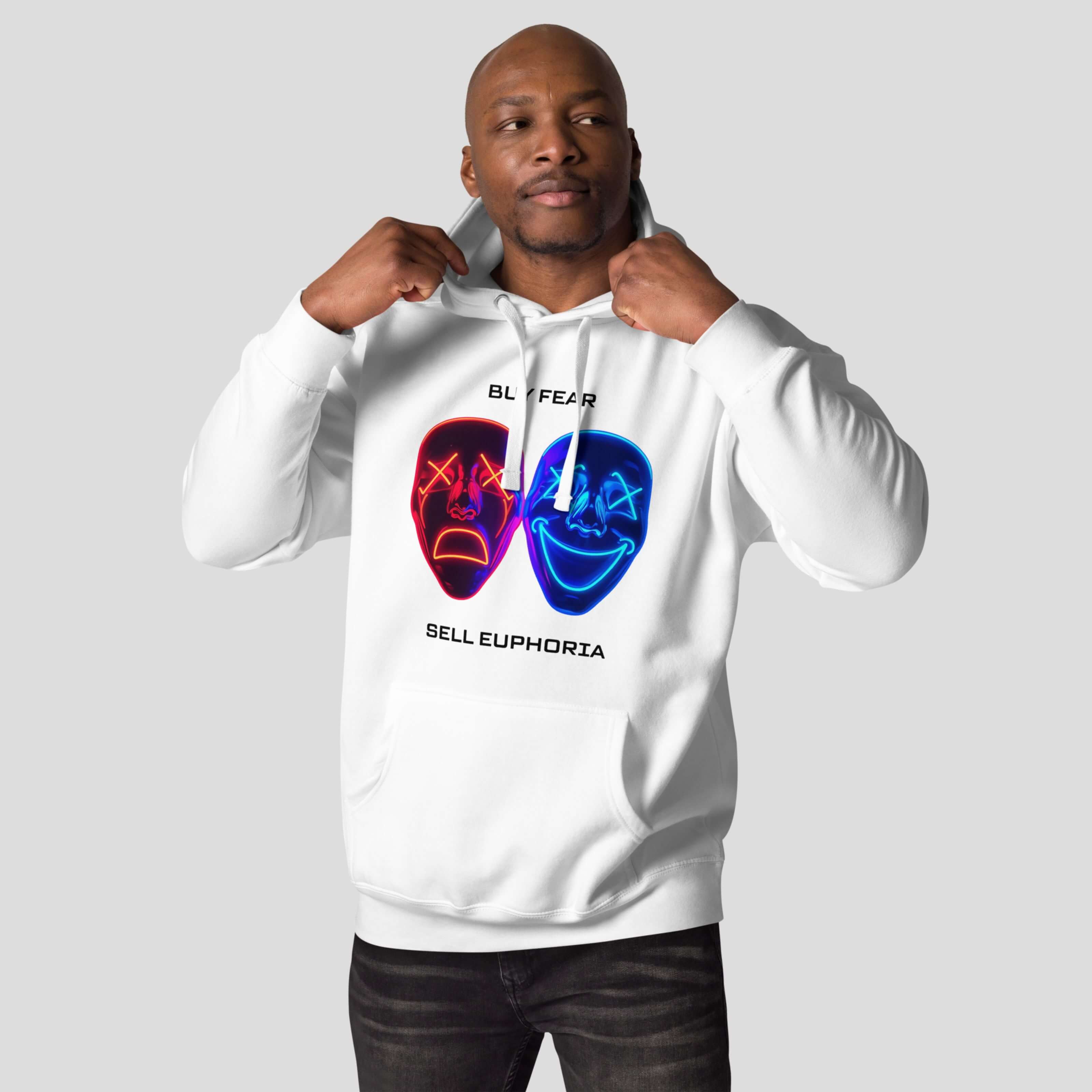 Model wearing white buy fear sell euphoria hoodie inspired by trading psychology