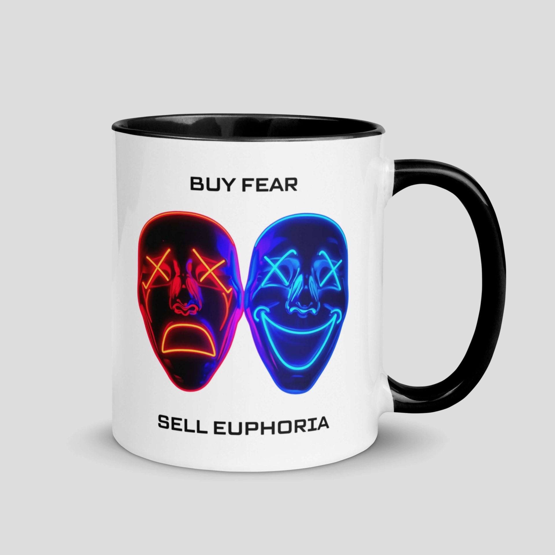 White ceramic mug with Buy Fear Sell Euphoria text and dual emotion masks in red and blue