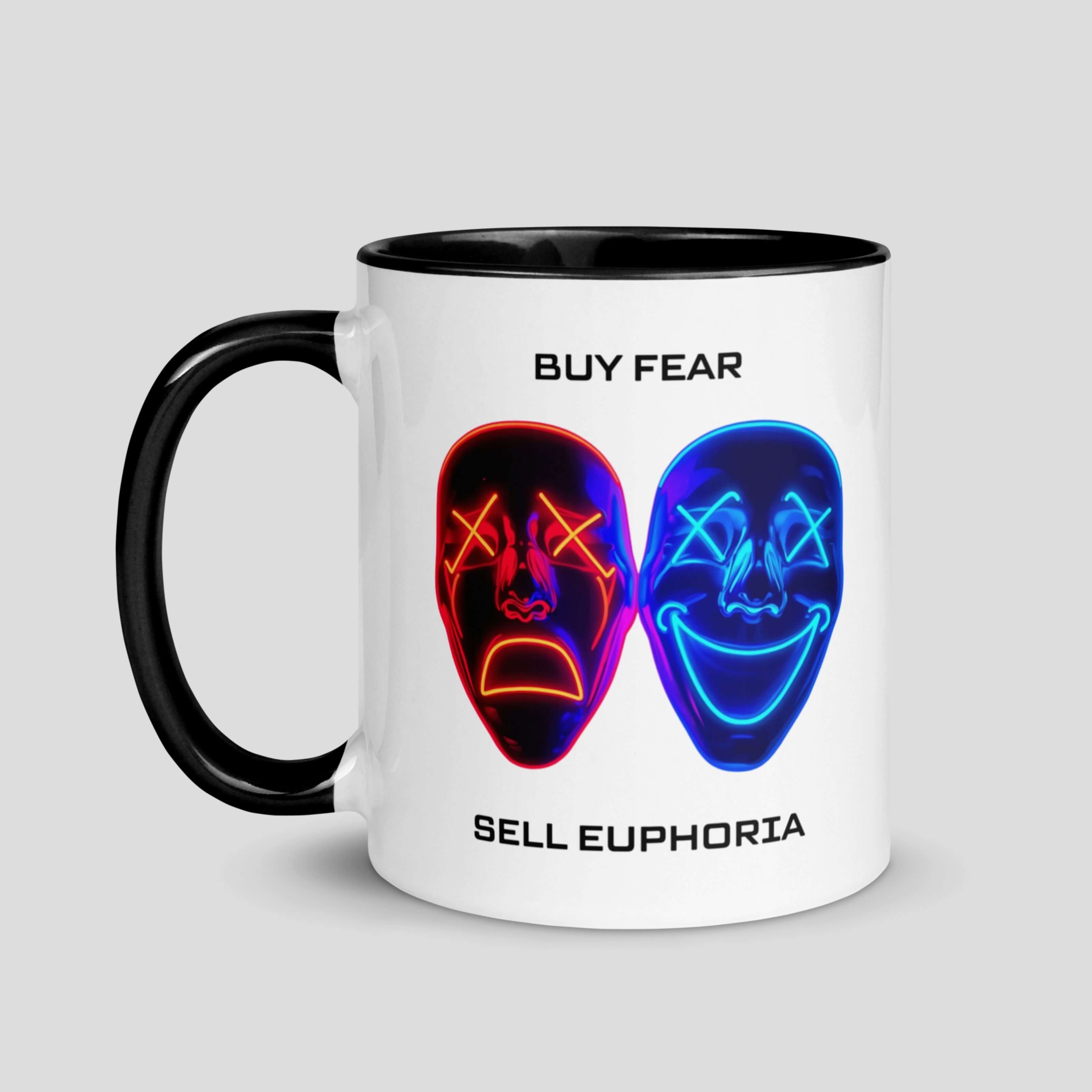 Side view of Buy Fear Sell Euphoria crypto trading psychology mug with black handle
