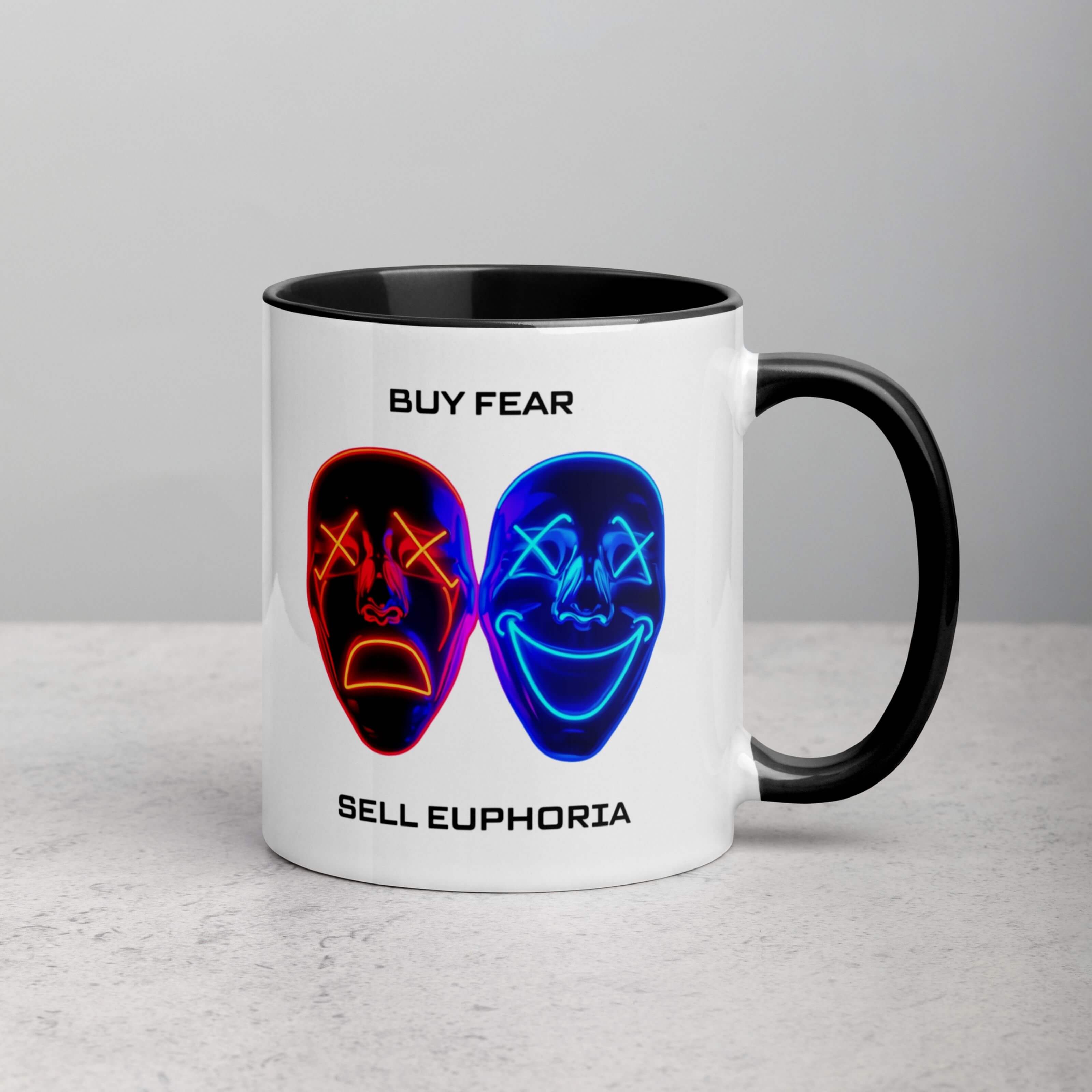 Close view of Buy Fear Sell Euphoria mug highlighting trader psychology design and colors