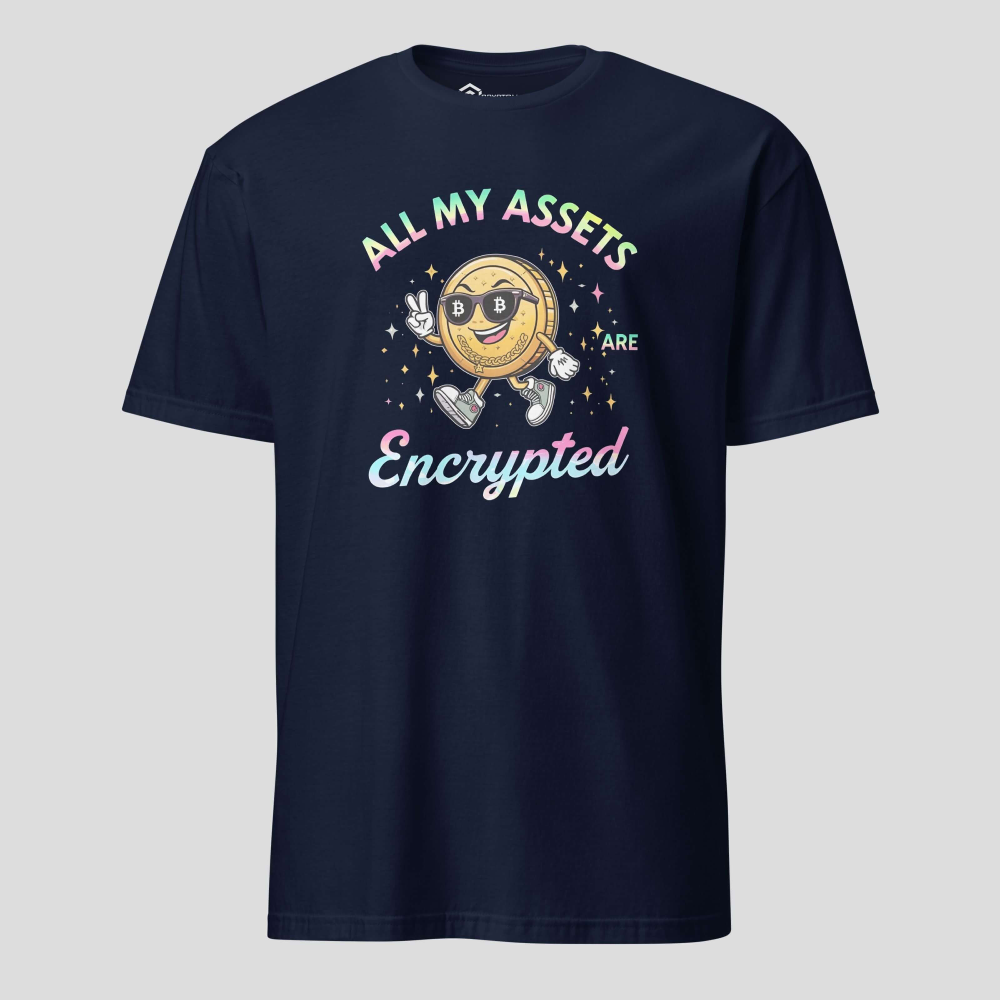 Navy crypto encrypted meme tshirt all my assets encrypted design