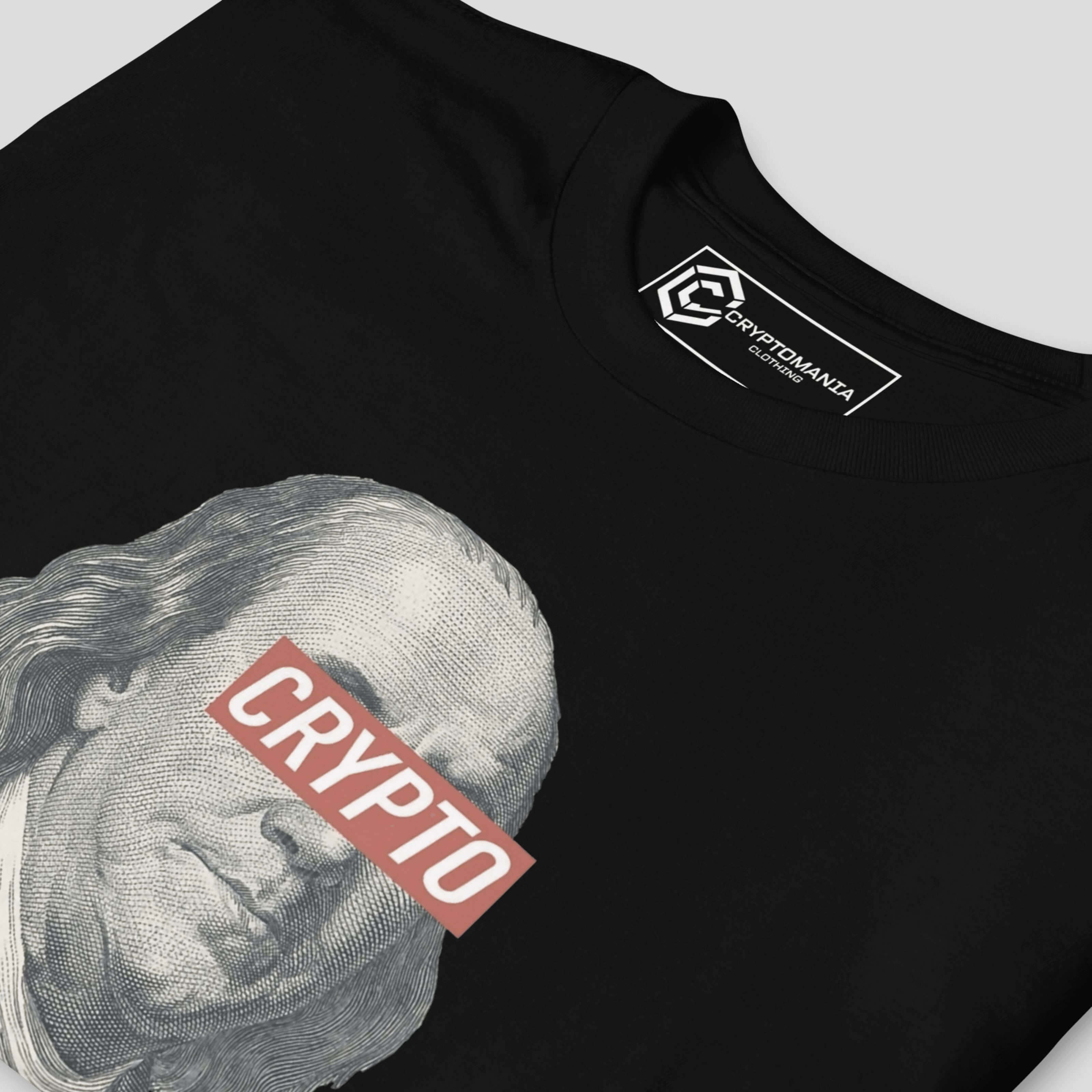 Crypto Franklin artwork detail on premium cotton crypto streetwear t-shirt