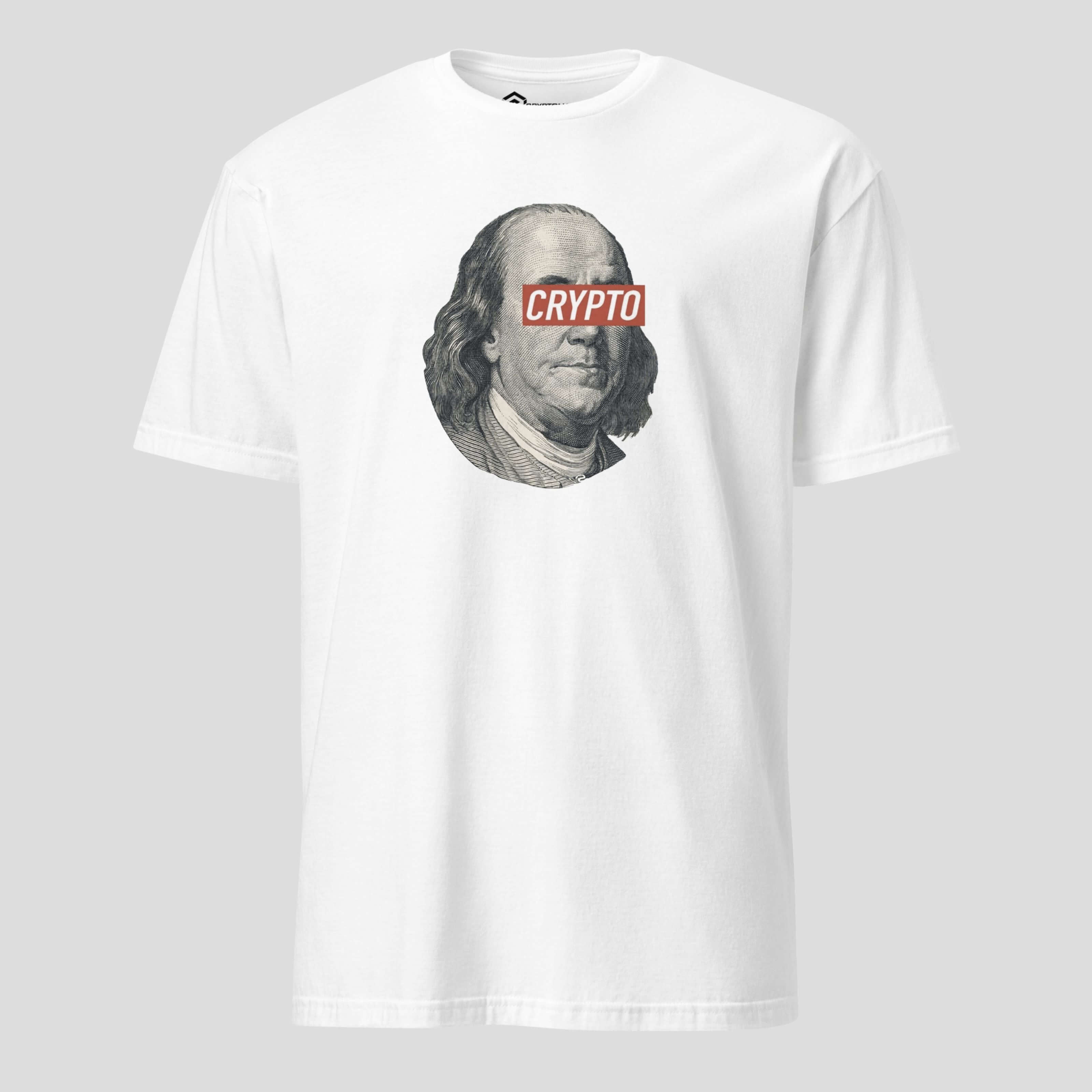 White crypto Franklin t-shirt with bold artistic crypto design