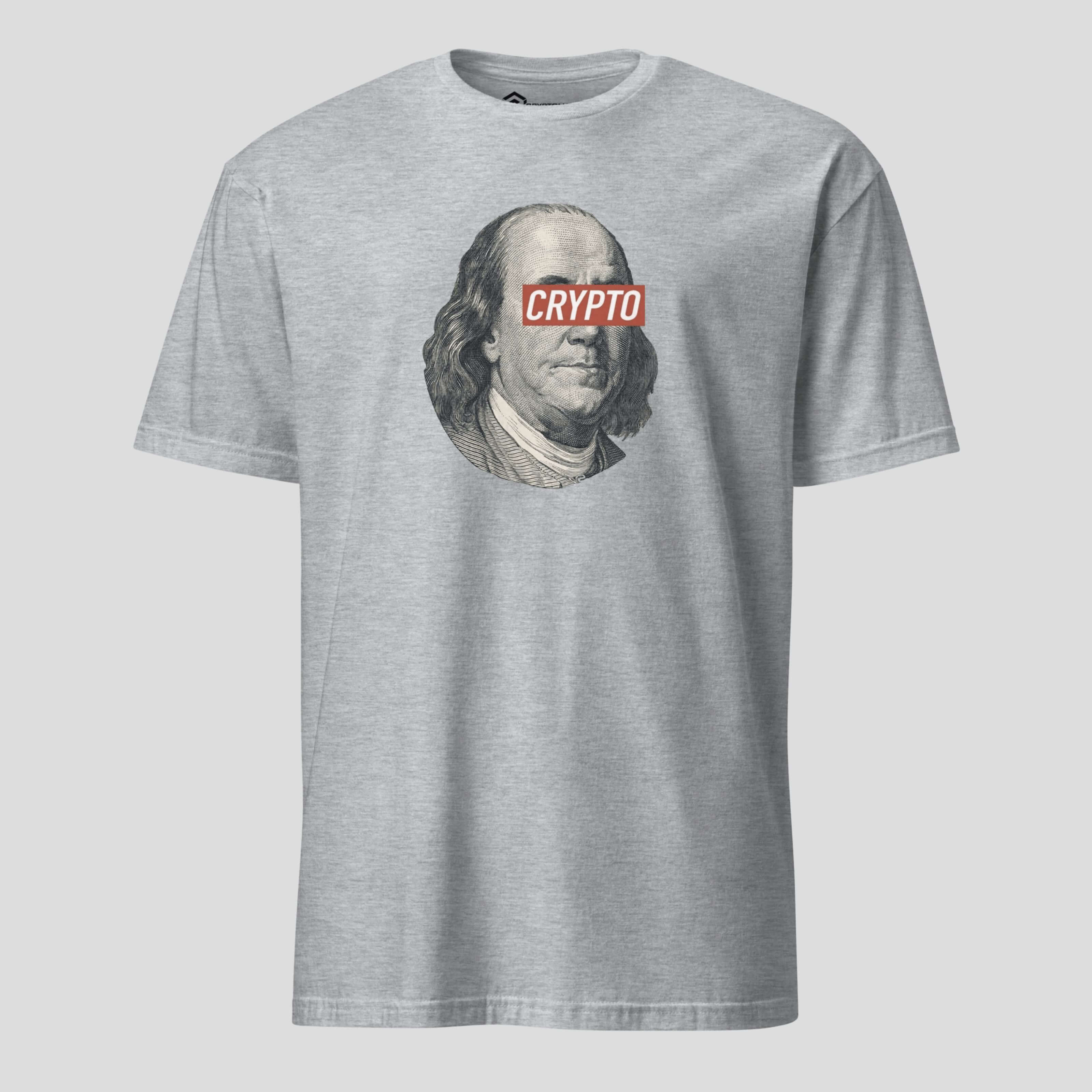 Grey crypto Franklin t-shirt featuring inspired crypto streetwear artwork