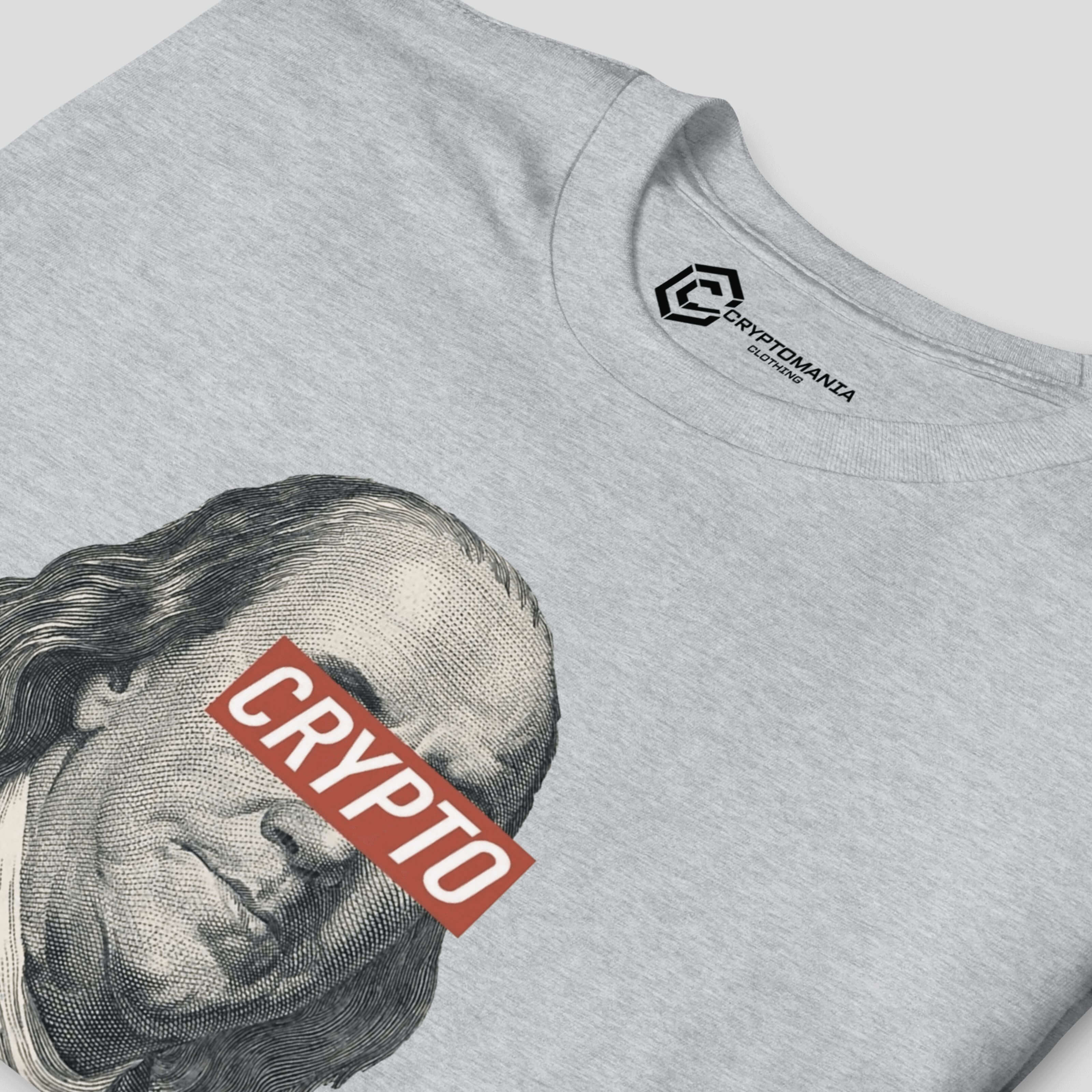 Close-up gray t-shirt with a graphic of Franklin's face artwork with 'CRYPTO' text on a gray background