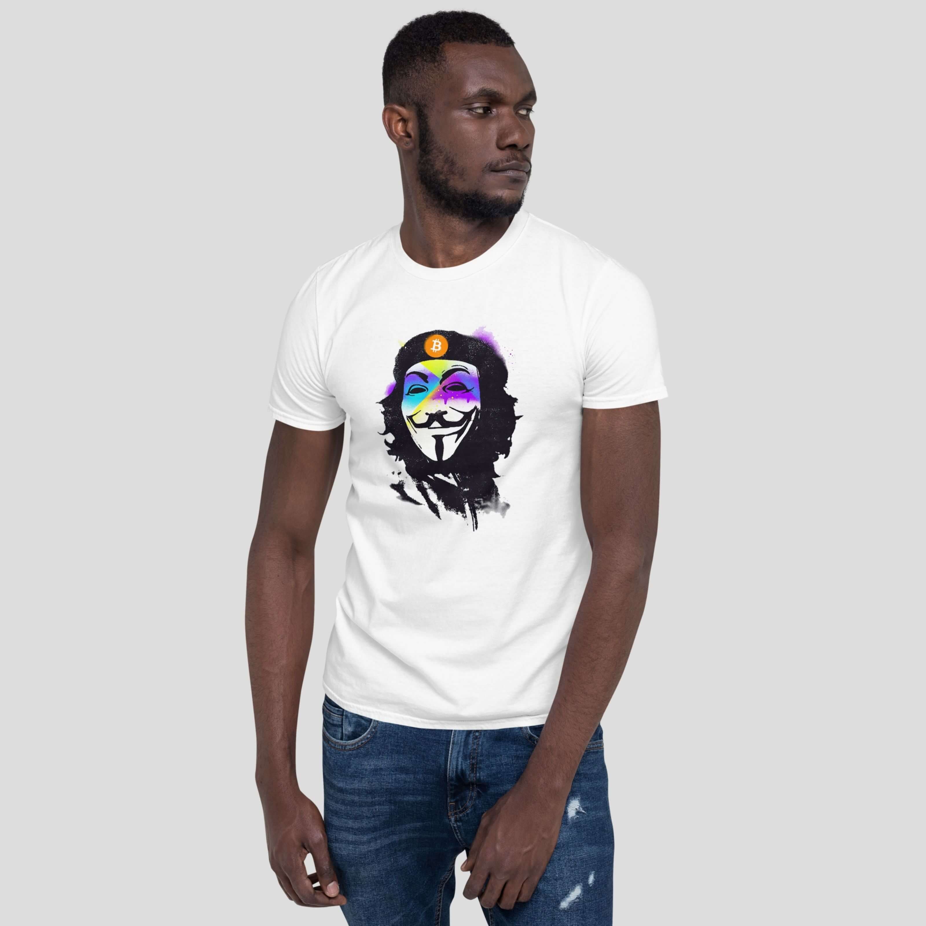 Man wearing crypto hacker t-shirt anonymous mask web3 streetwear outfit