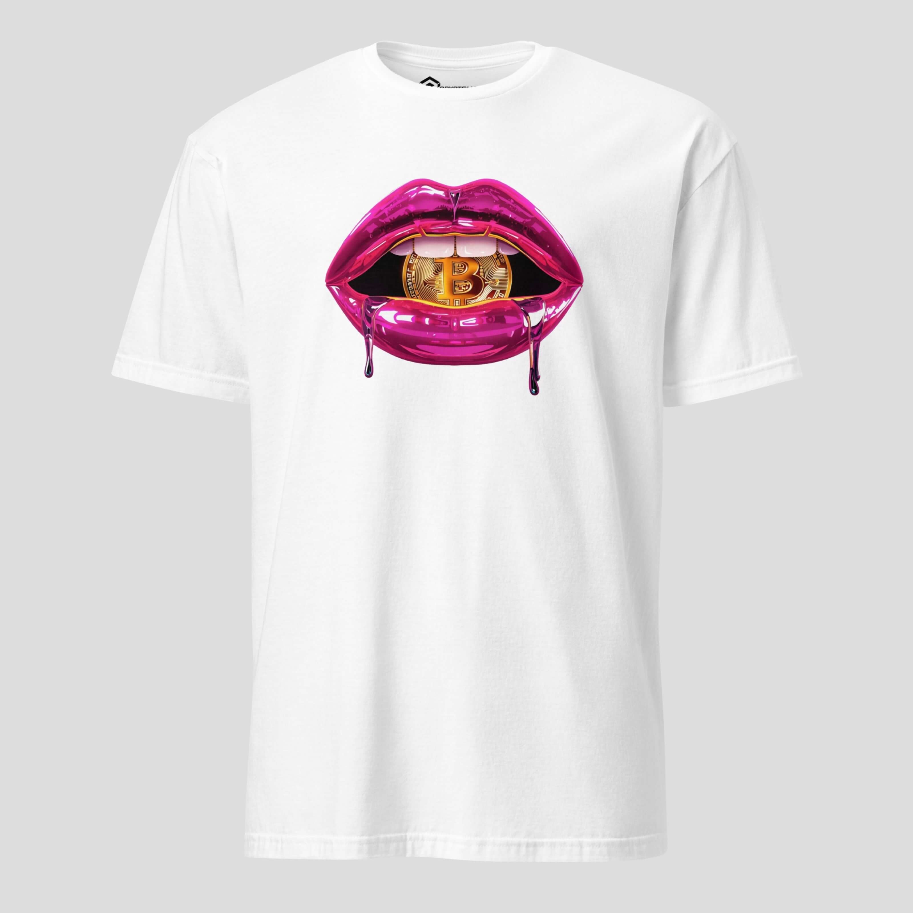 Crypto lips bitcoin tshirt white bold streetwear style