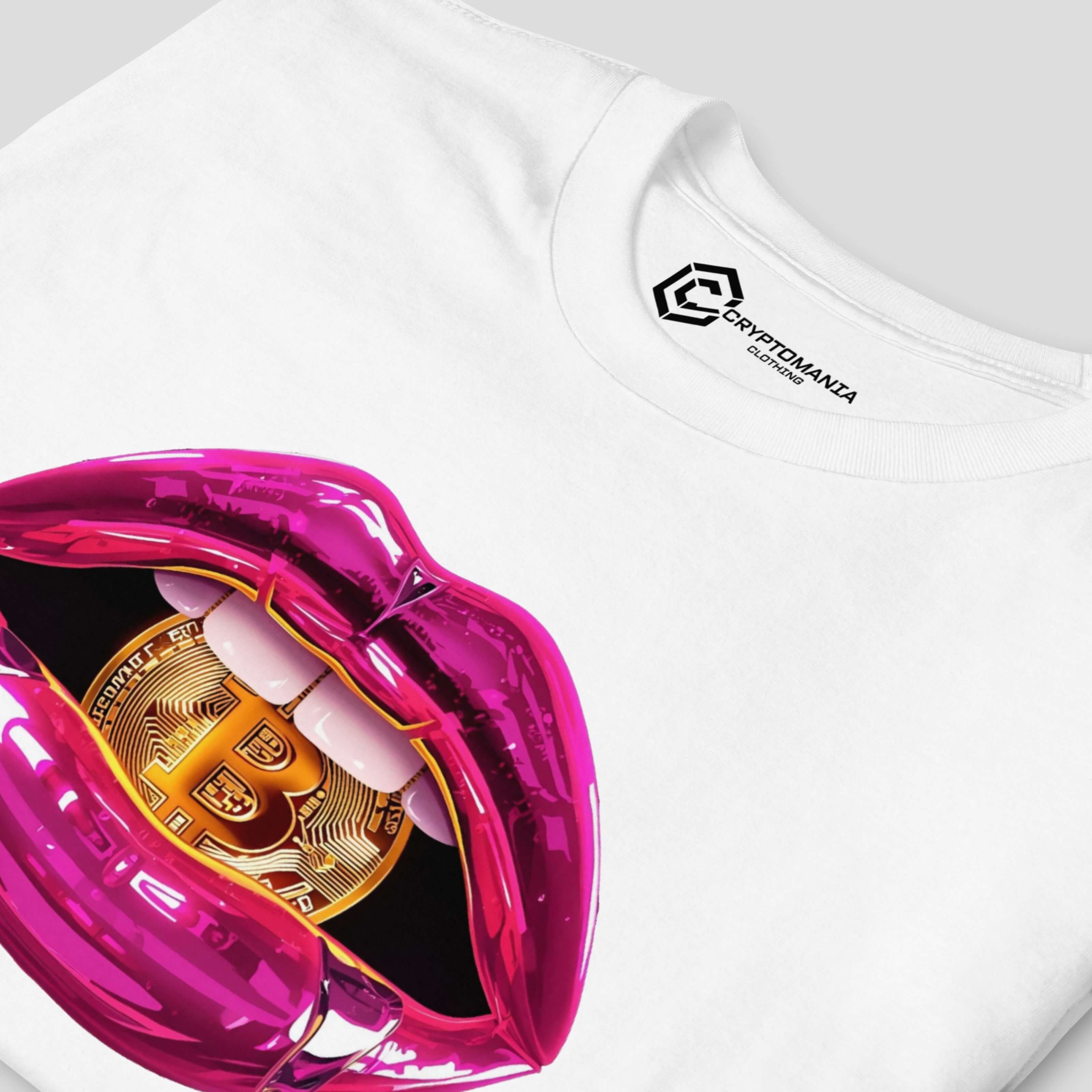 Close up crypto lips bitcoin fashion white tee print