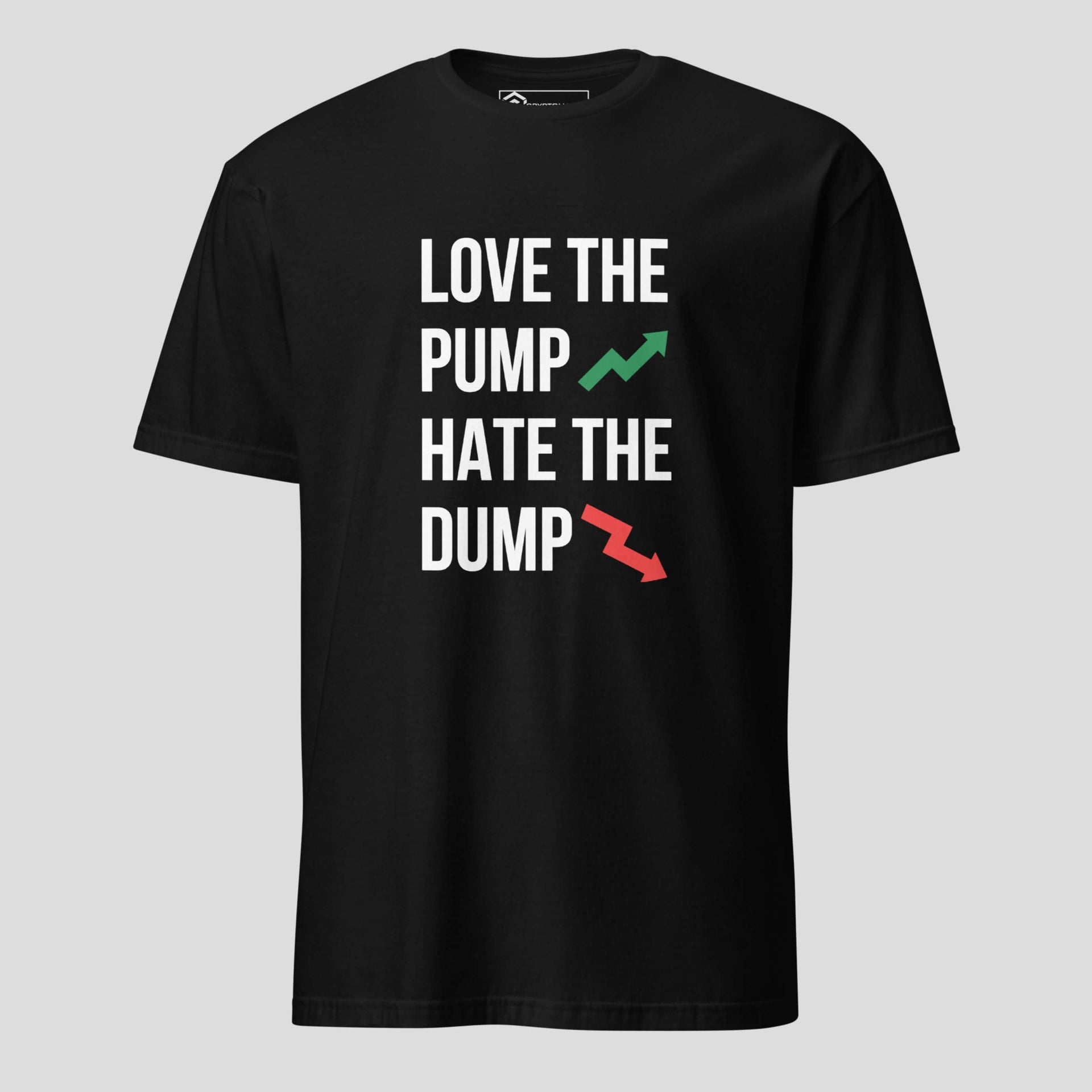 Black crypto trading t-shirt love the pump hate the dump design front view