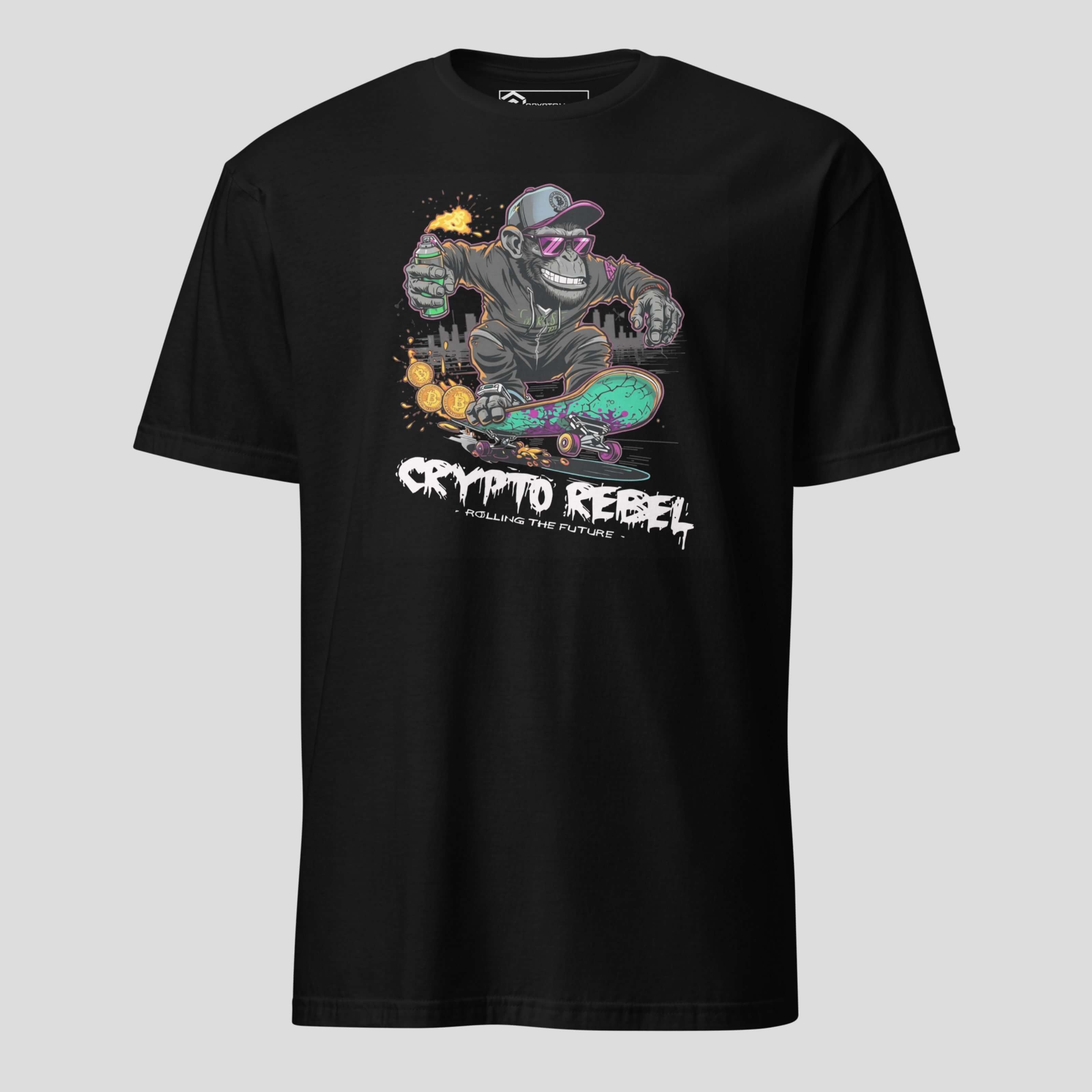 Black crypto rebel t-shirt front view with graphic design