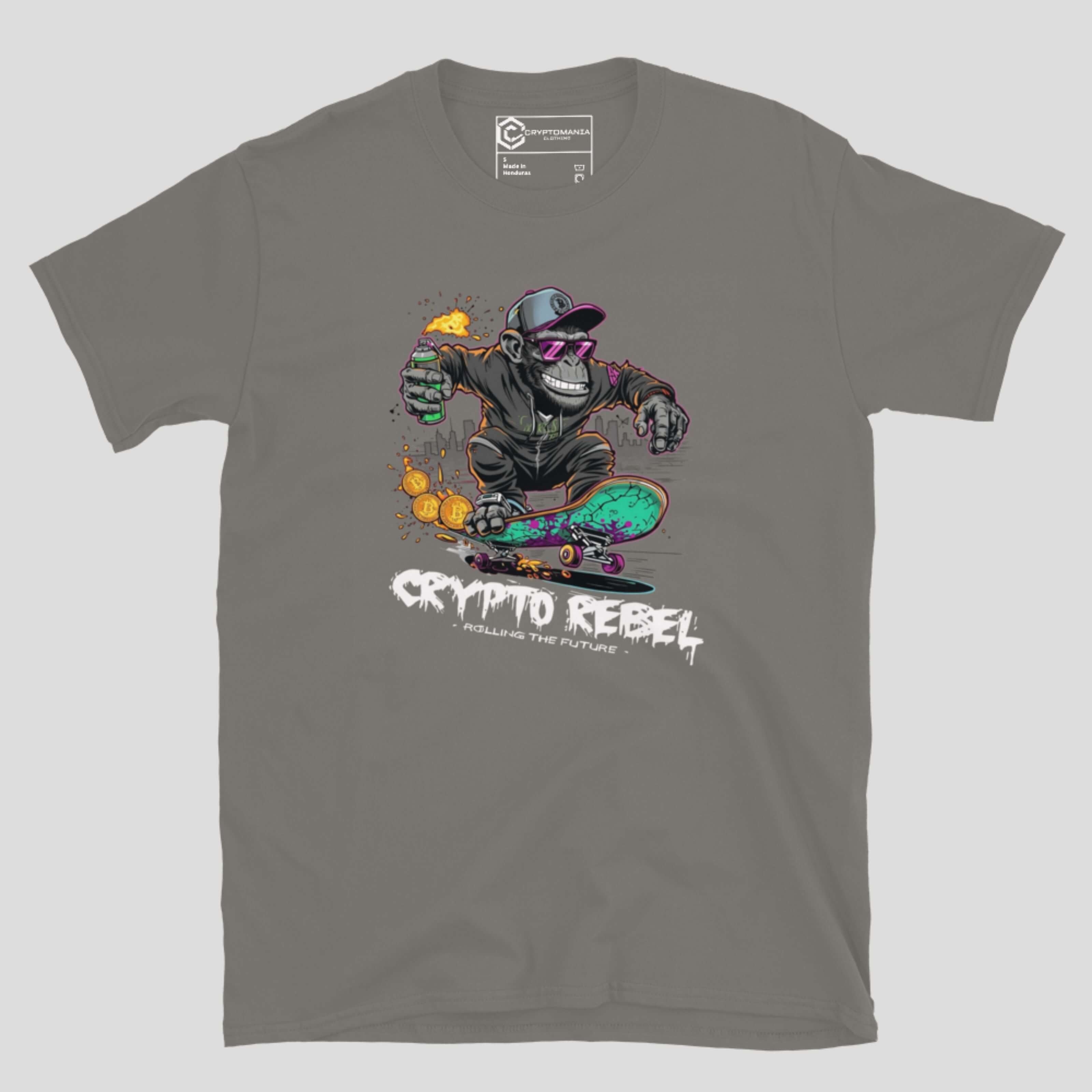 grey crypto rebel t-shirt with bold crypto illustration