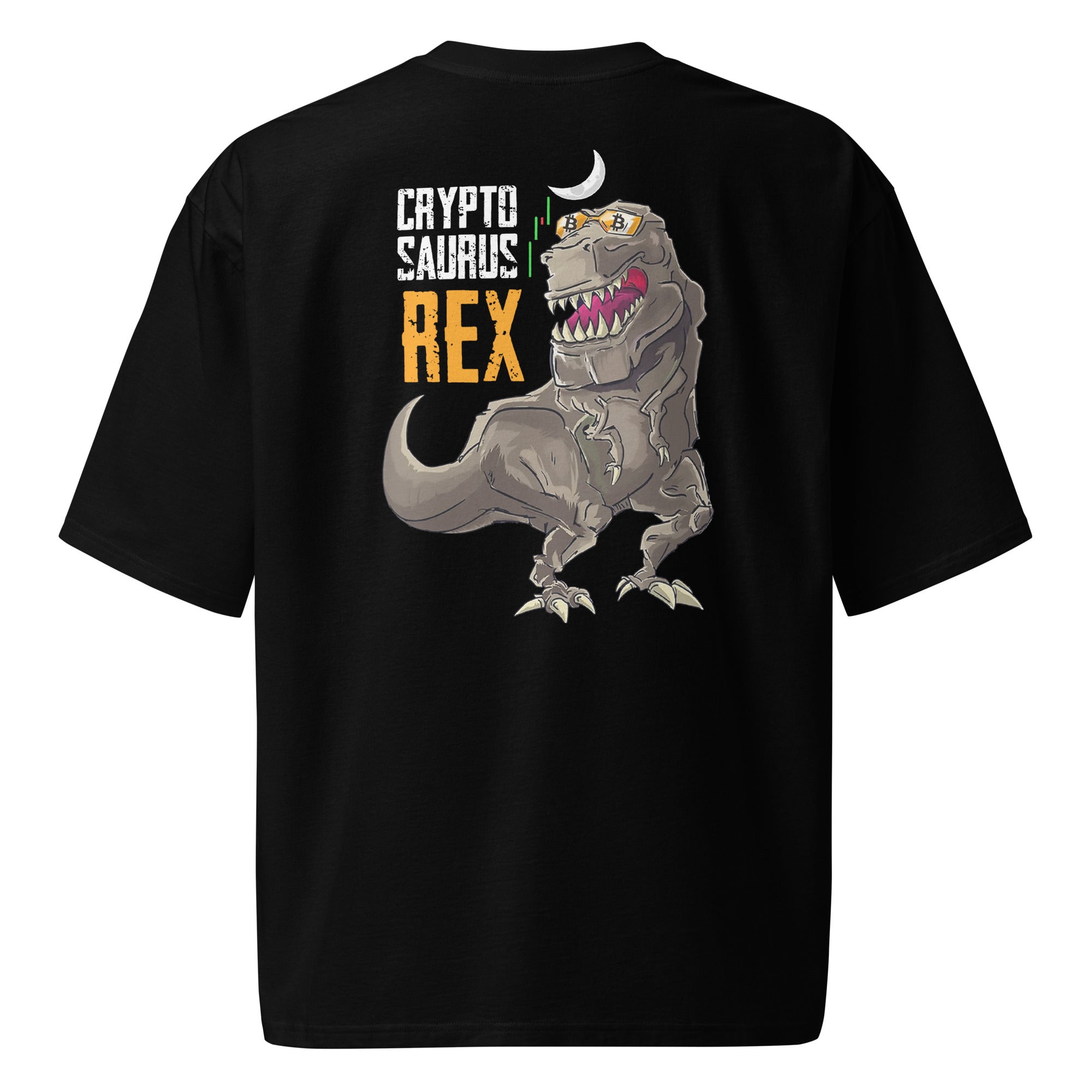 Back design of black crypto meme T-shirt featuring a cartoon dinosaur and 'Crypto Saurus Rex' text — bold Bitcoin streetwear for crypto hodlers