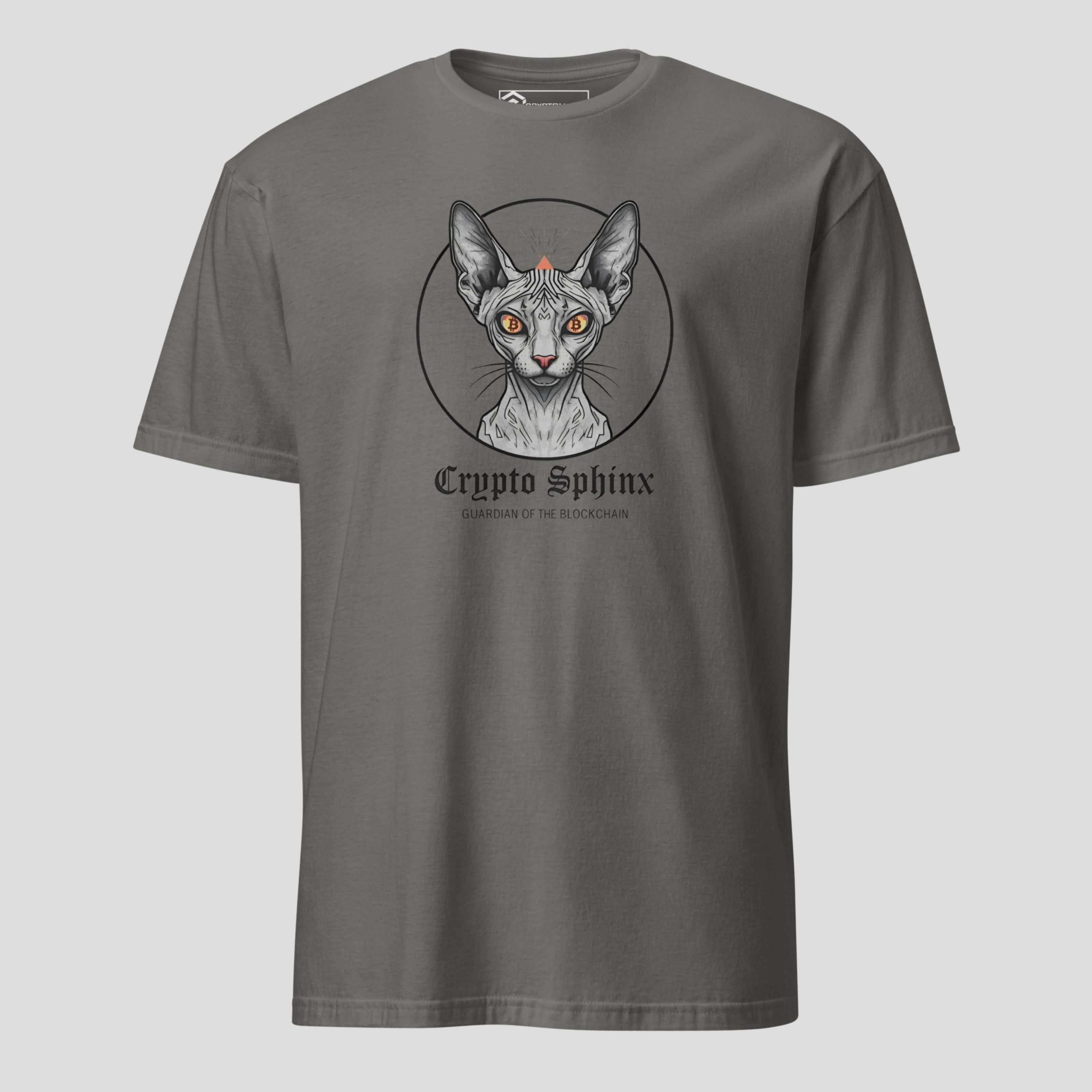 Gray Crypto Sphinx t-shirt with blockchain guardian illustration 