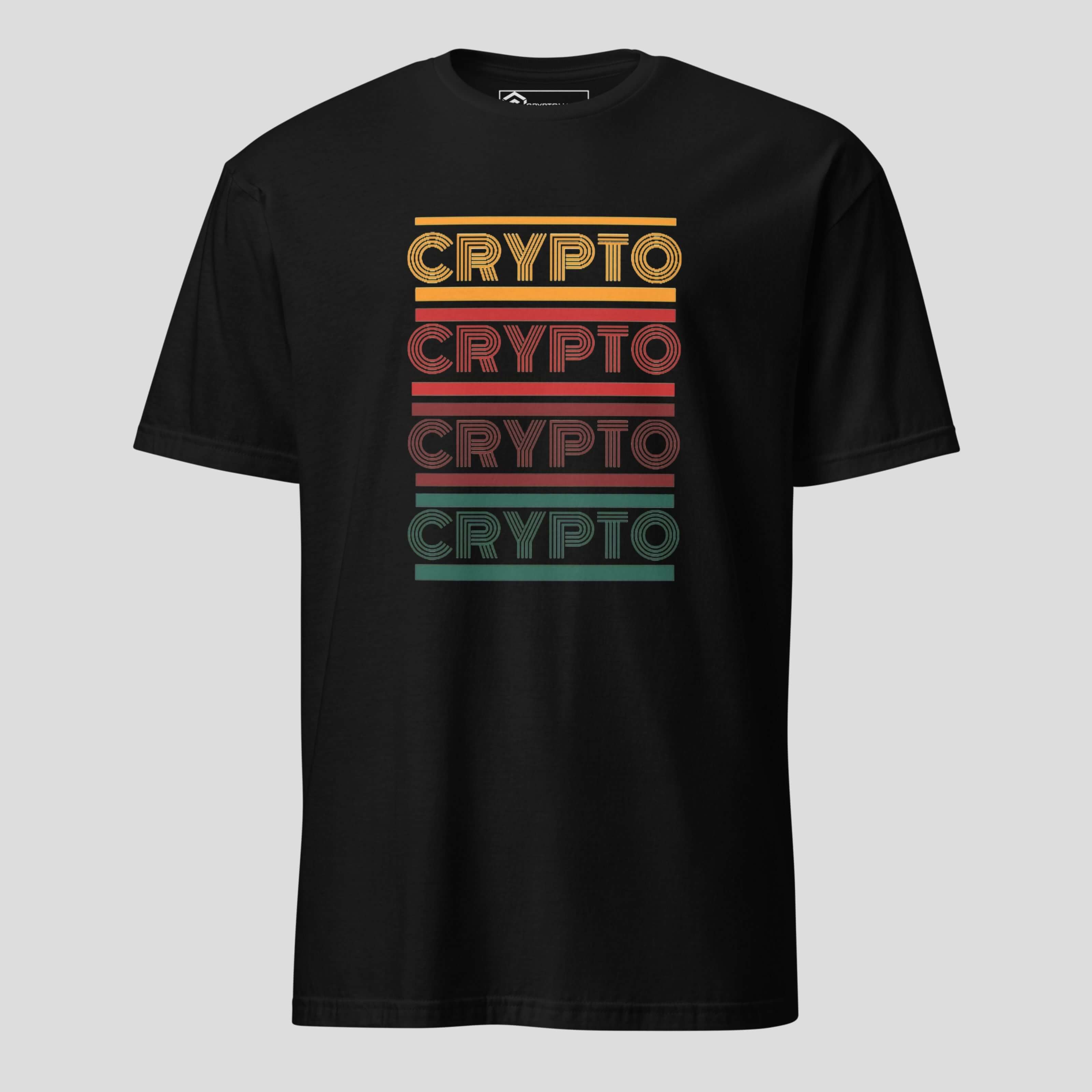 Black crypto stack t-shirt with layered typography design for blockchain and digital currency fans