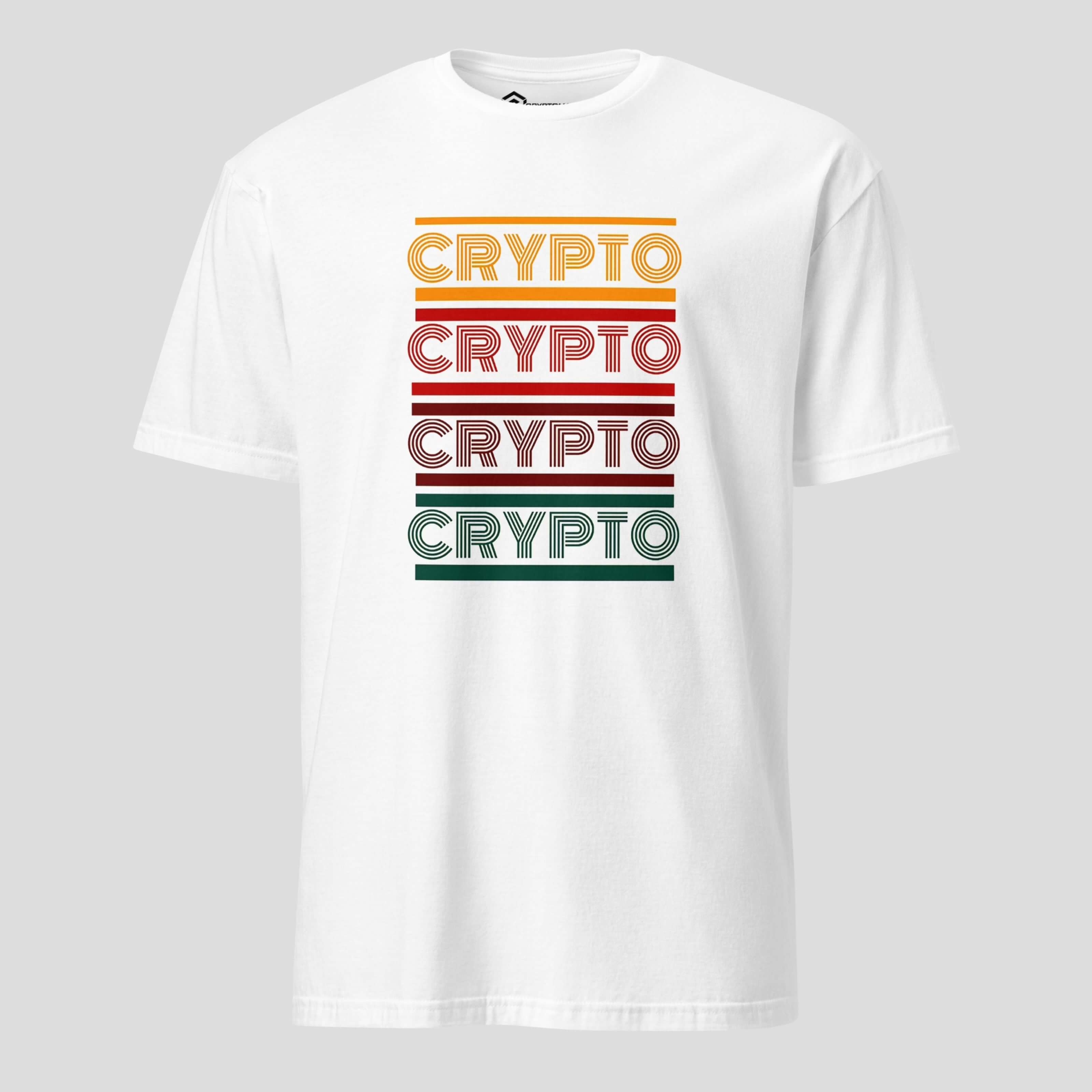 retro crypto typography t-shirt featuring stacked text design on white 
premium cotton fabric