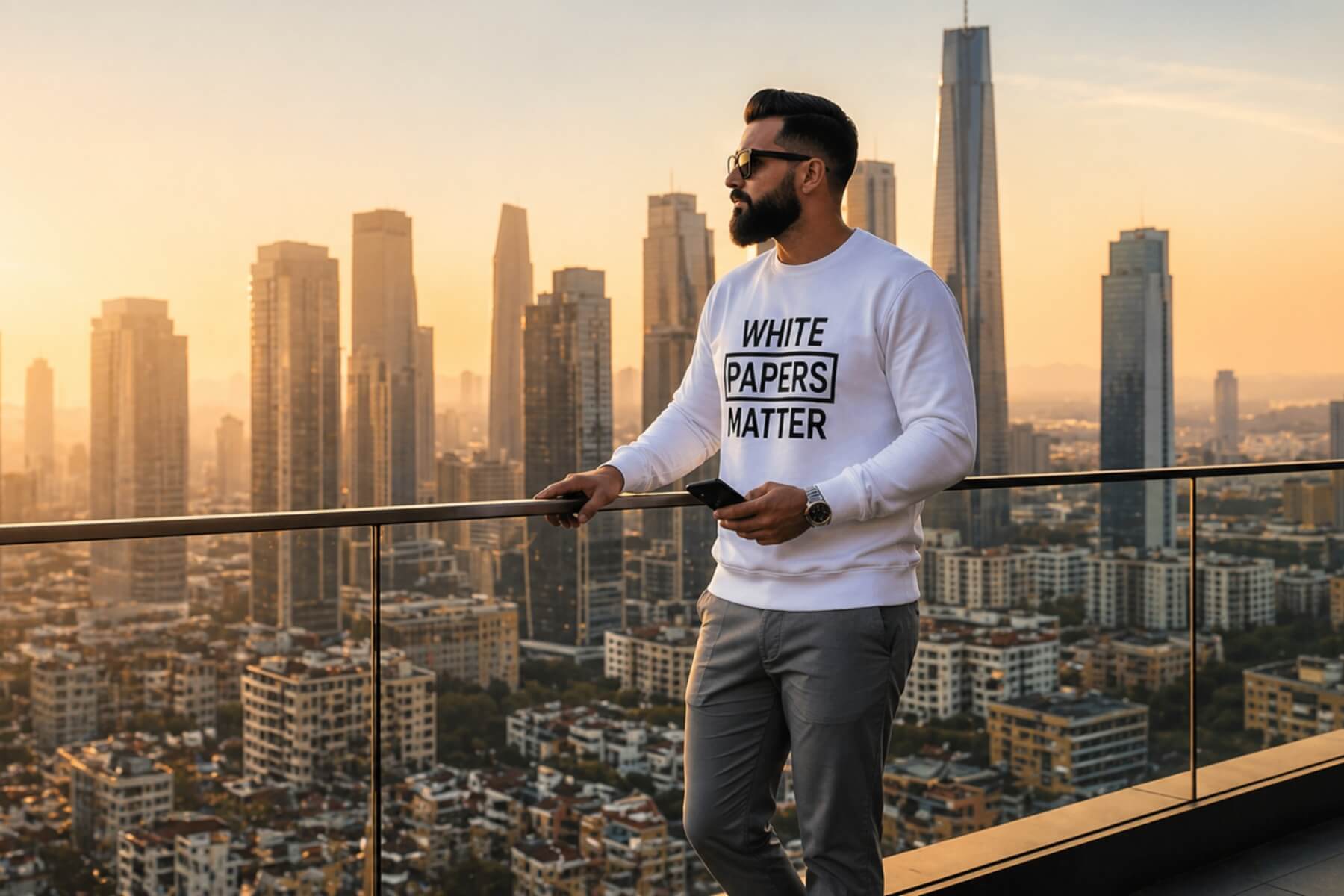 man wearing premium crypto sweatshirt overlooking city skyline modern crypto lifestyle apparel