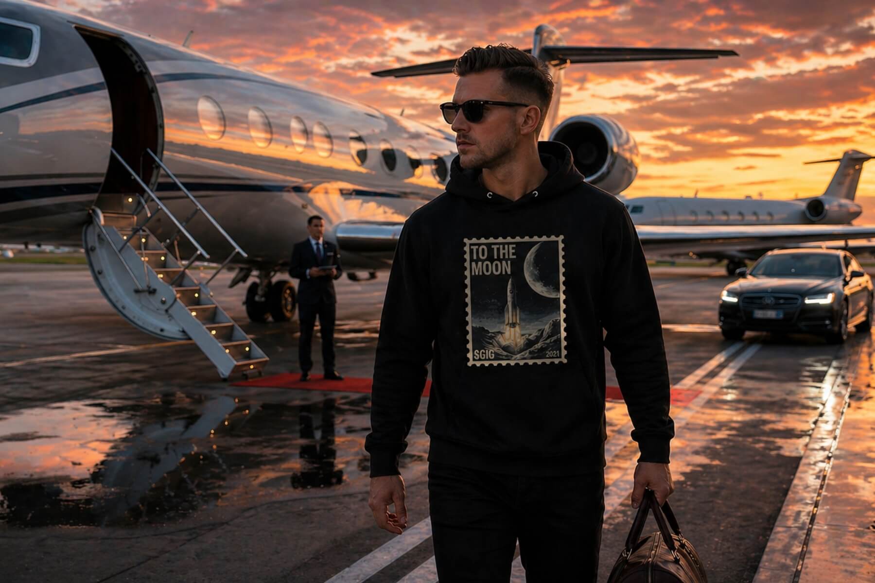 crypto hoodie to the moon design luxury jet lifestyle trader mindset bitcoin inspired streetwear