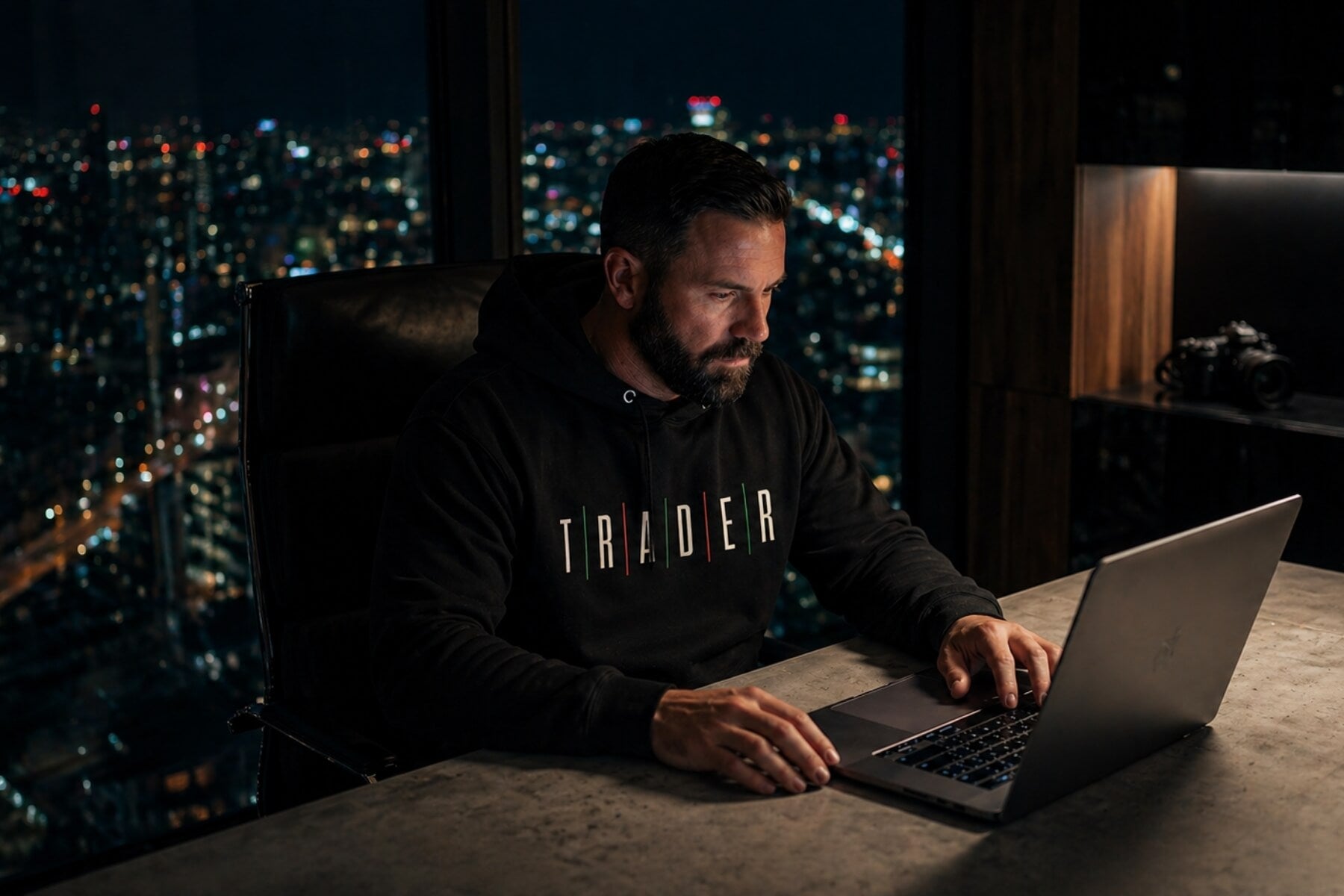 crypto trader hoodie night desk setup chart analysis bitcoin trading mindset streetwear