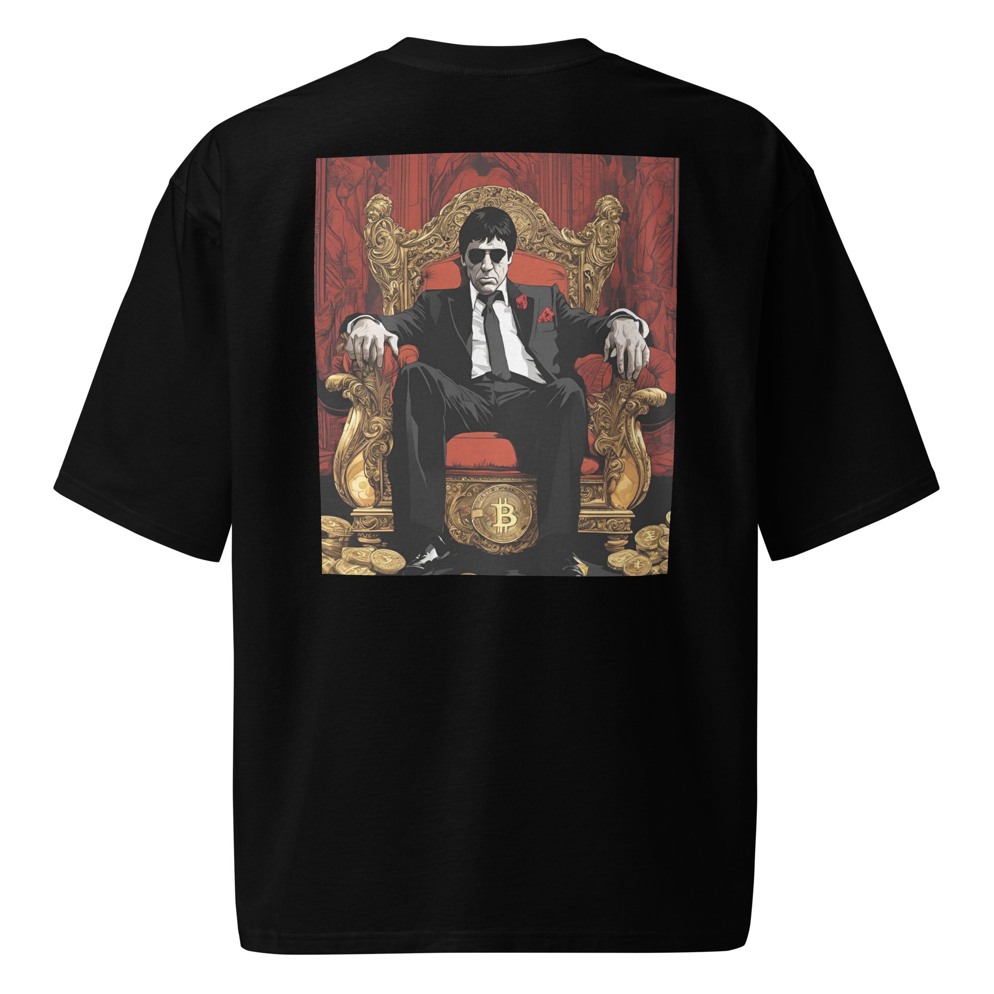 Oversized black crypto T-shirt with ‘The Crypto Never Sleep Chico’ in bold white and red letters – premium Bitcoin streetwear for crypto traders and investors