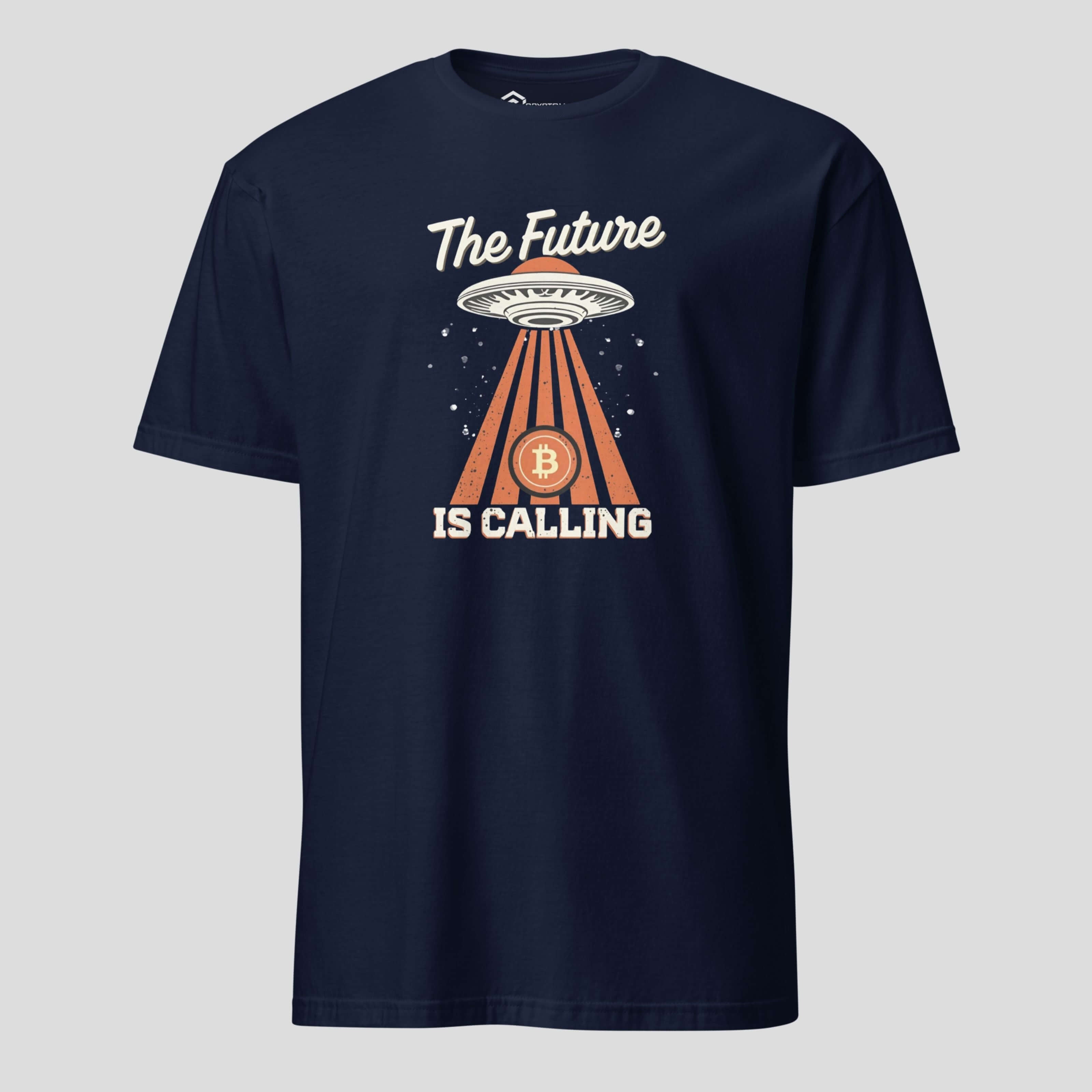 Navy UFO beaming bitcoin meme shirt streetwear style