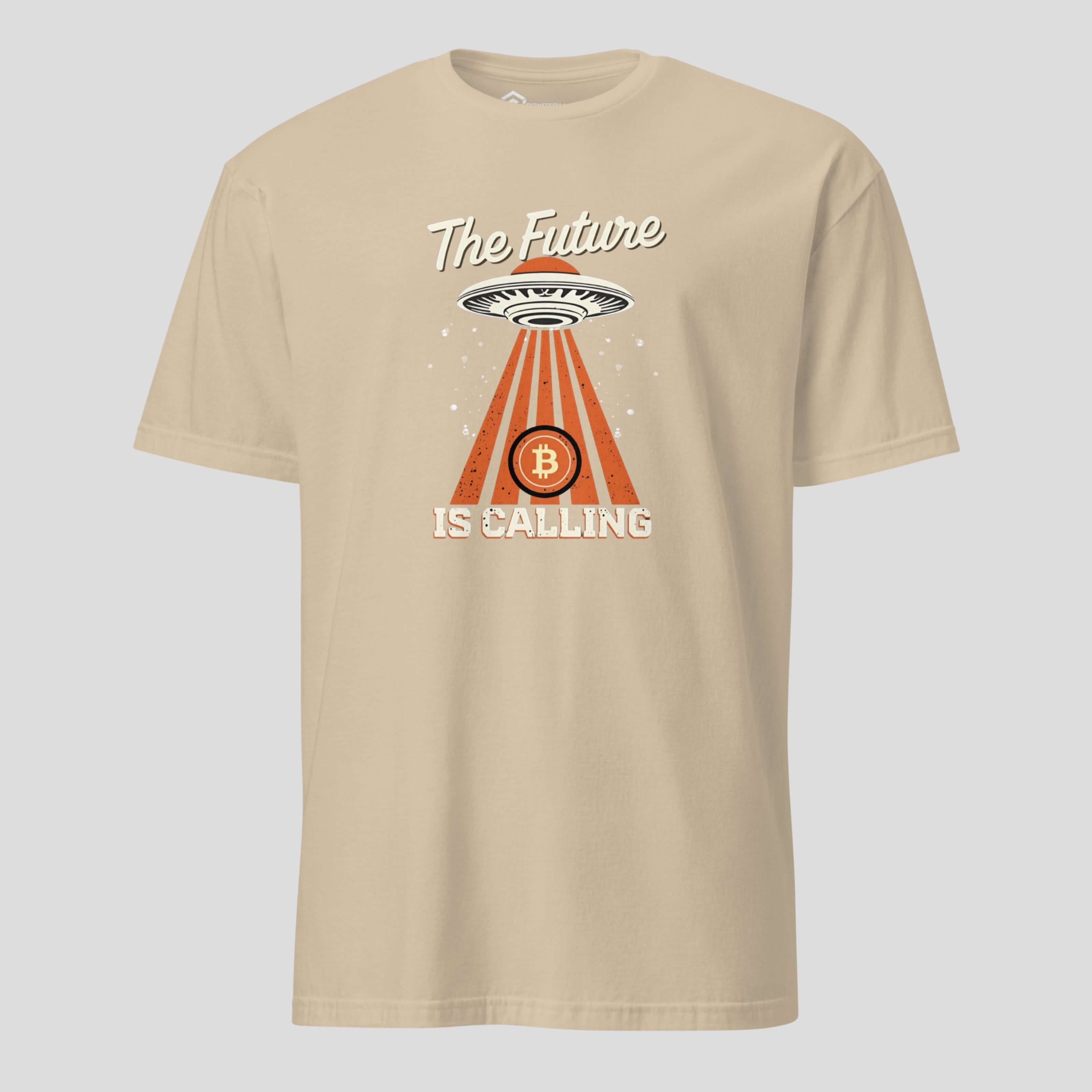 Beige crypto humor tshirt with sci fi ufo graphic
